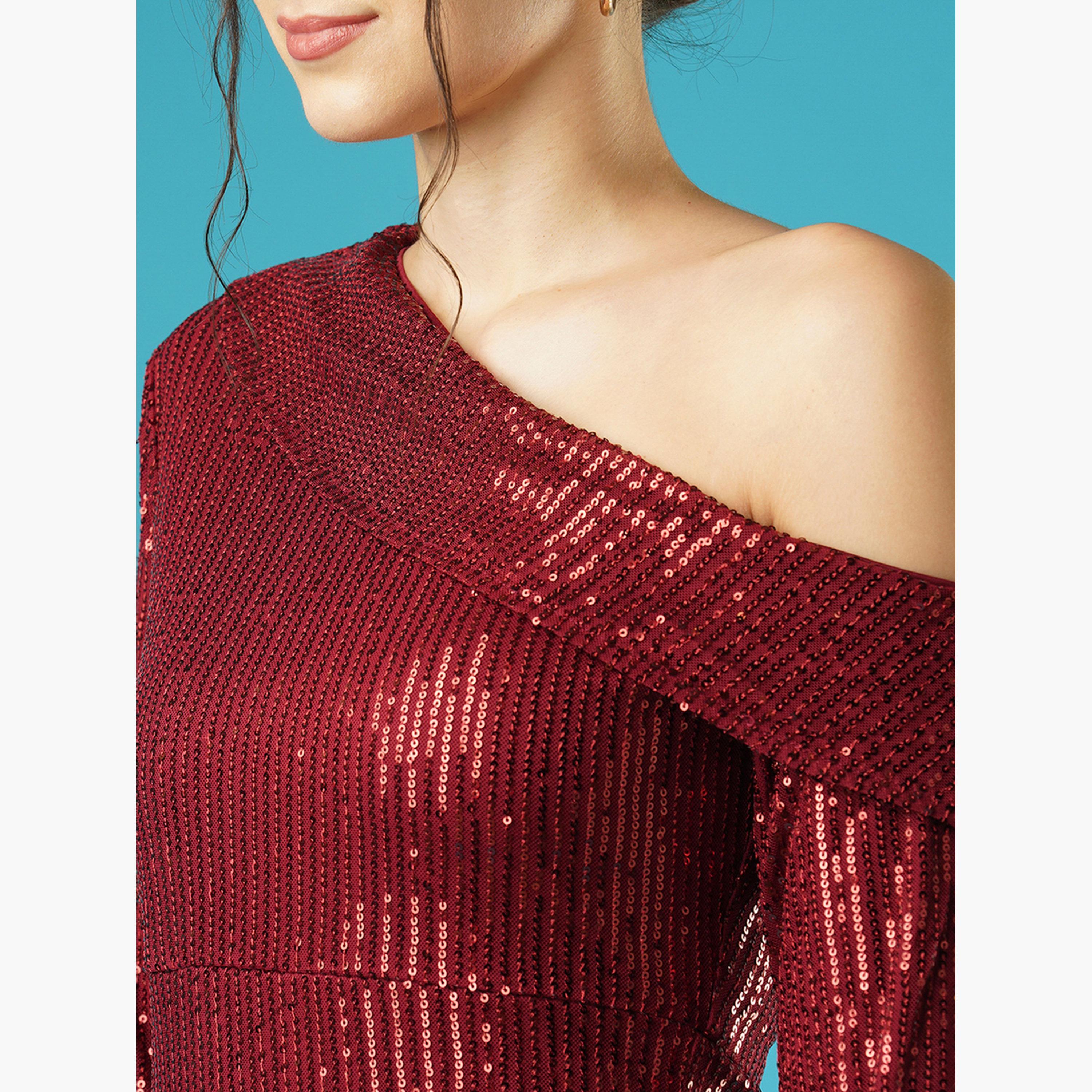 غلوبوص × ستايلي - فستان ماكسي بكتف واحد مزين بالترتر لون مارون-women-clothing-dresses-image-4