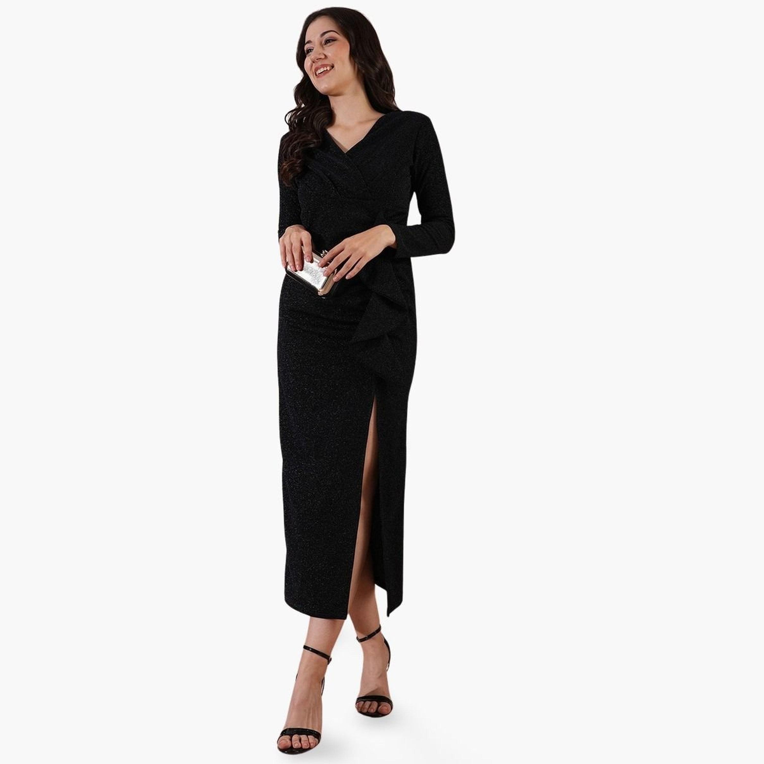 Globus X Styli Shimmer Long Sleeves Ruffle Detail Bodycon Maxi Dress-women-clothing-dresses-image-1