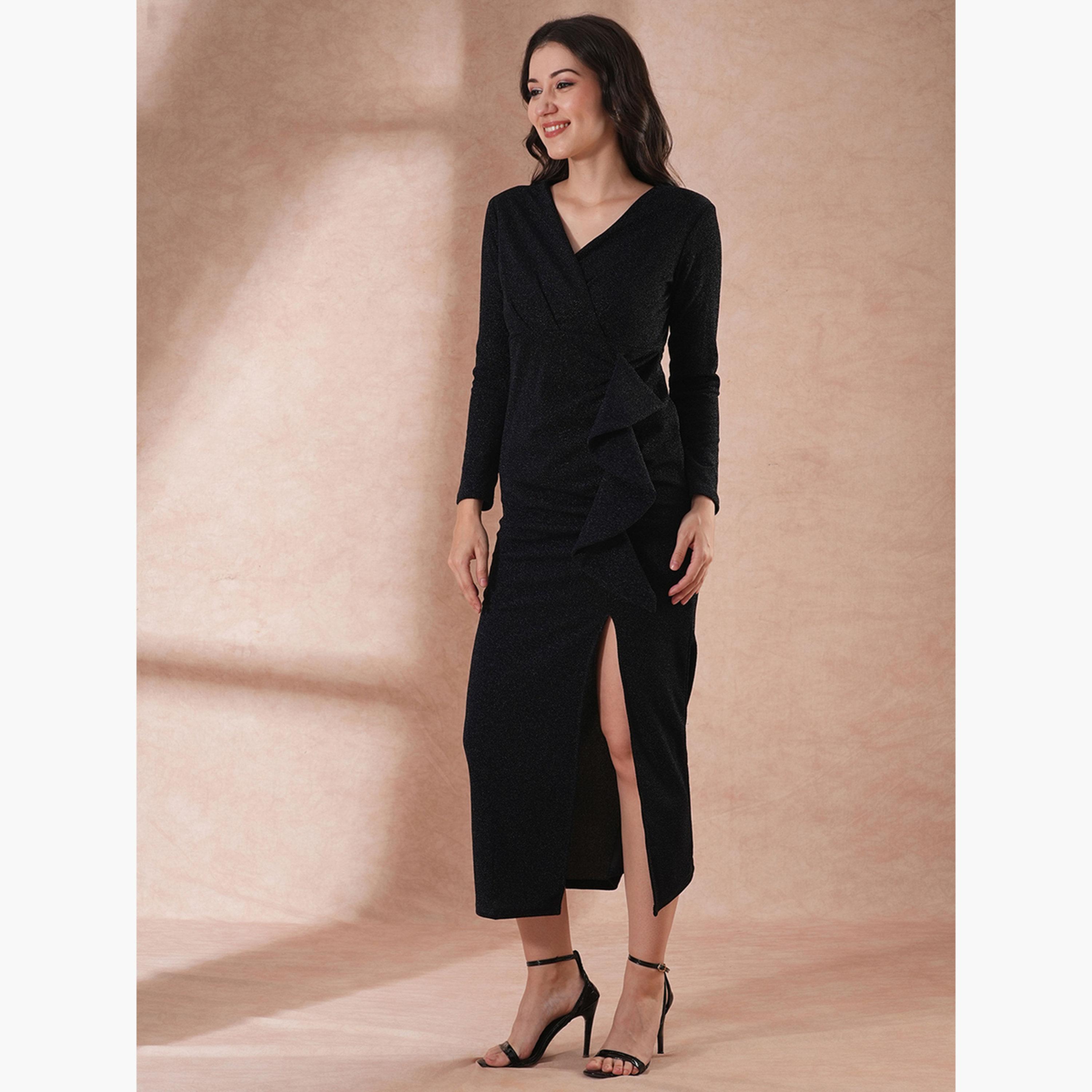 Globus X Styli Shimmer Long Sleeves Ruffle Detail Bodycon Maxi Dress-women-clothing-dresses-image-2