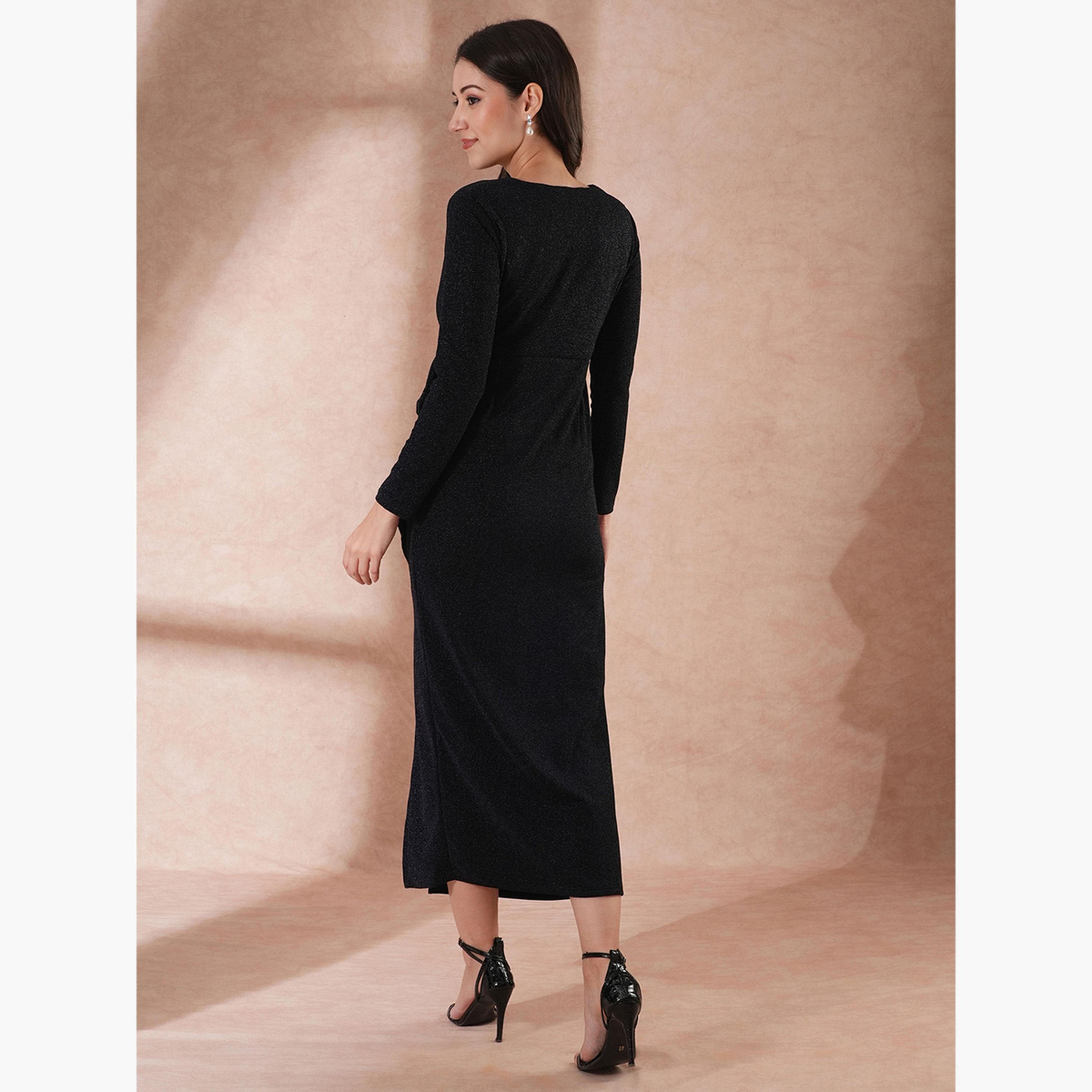 Globus X Styli Shimmer Long Sleeves Ruffle Detail Bodycon Maxi Dress-women-clothing-dresses-image-3