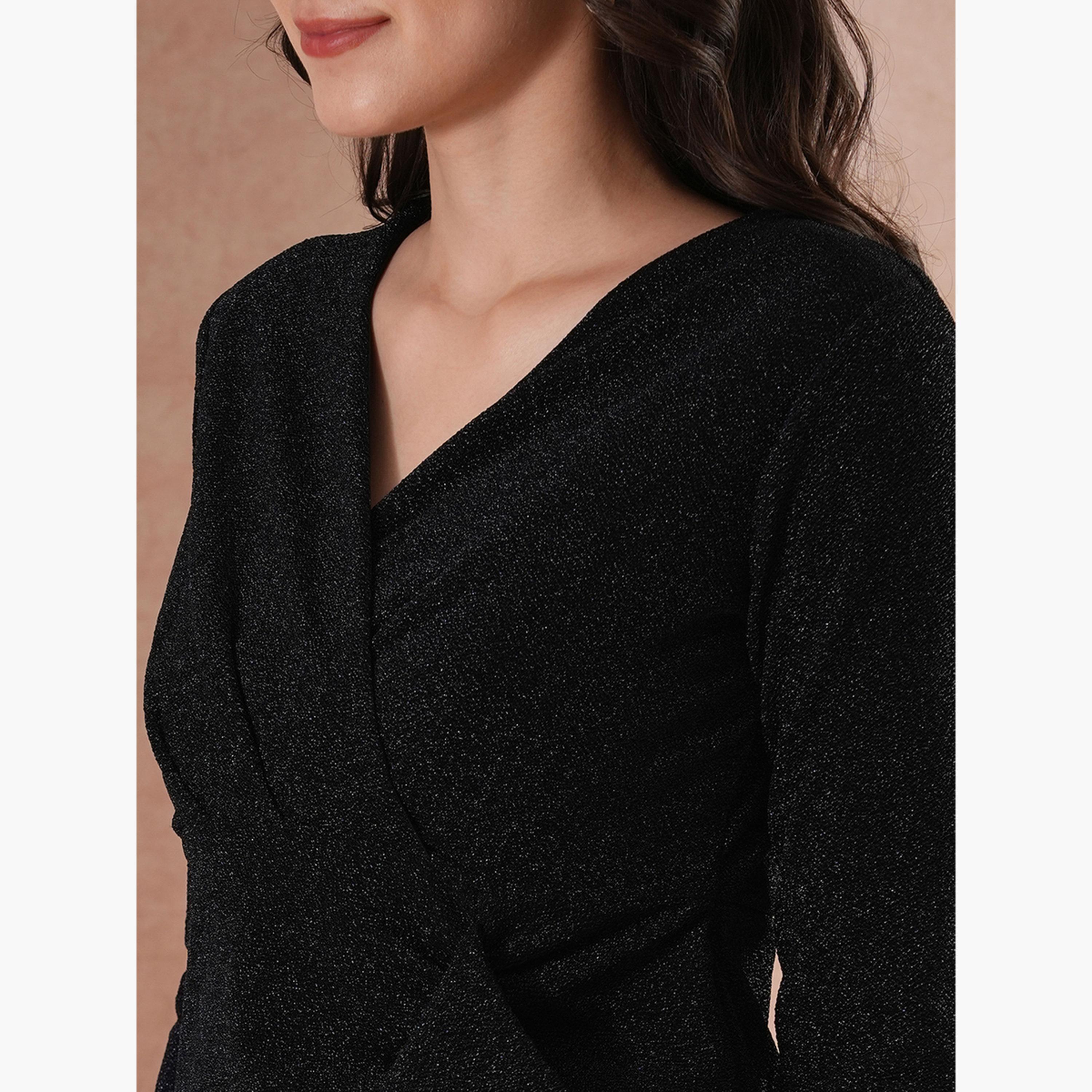 غلوبوص × ستايلي - فستان ماكسي ضيق لامع بأكمام طويلة وتفاصيل كشكشة-women-clothing-dresses-image-4