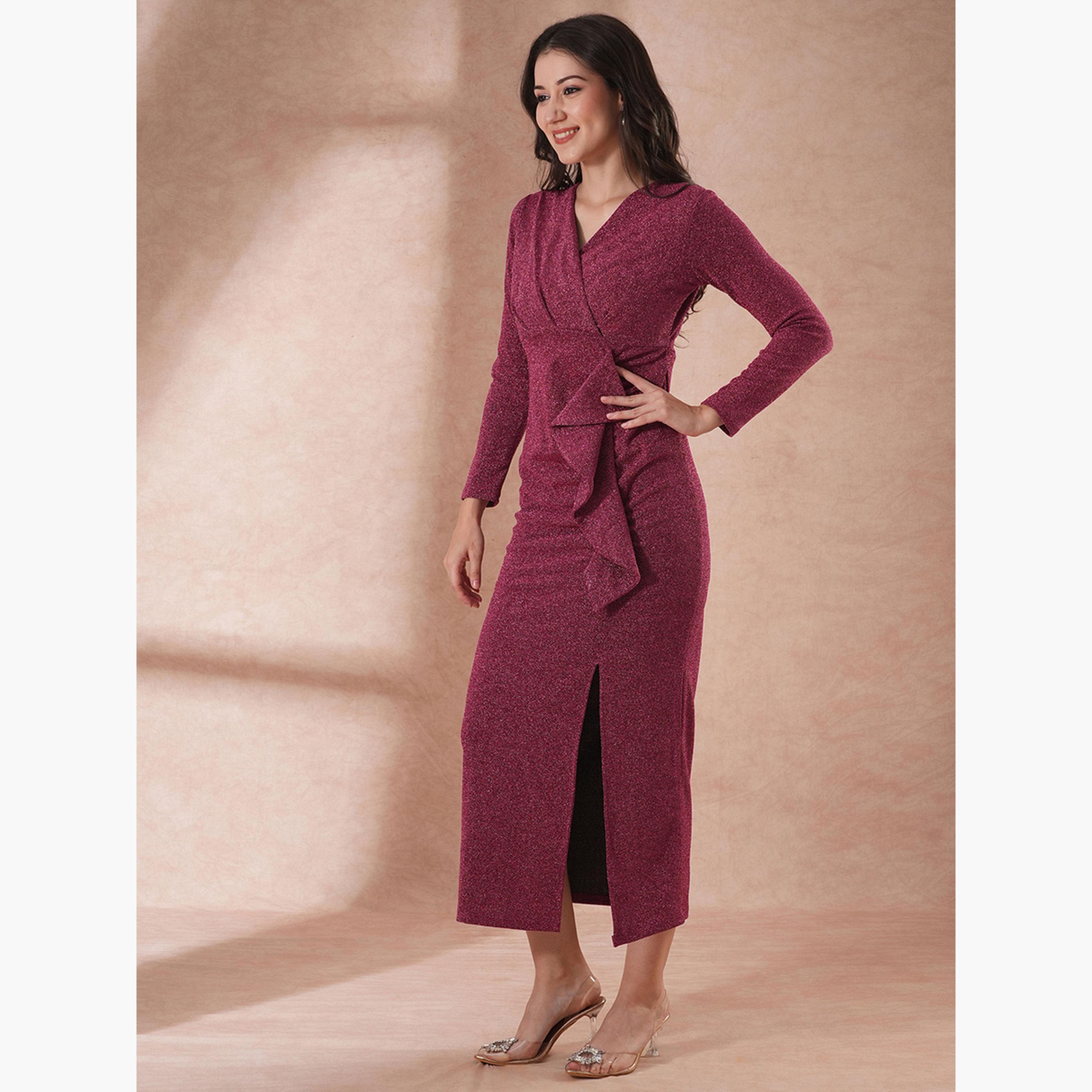 Globus X Styli Shimmer Long Sleeves Ruffle Detail Bodycon Maxi Dress-women-clothing-dresses-image-2