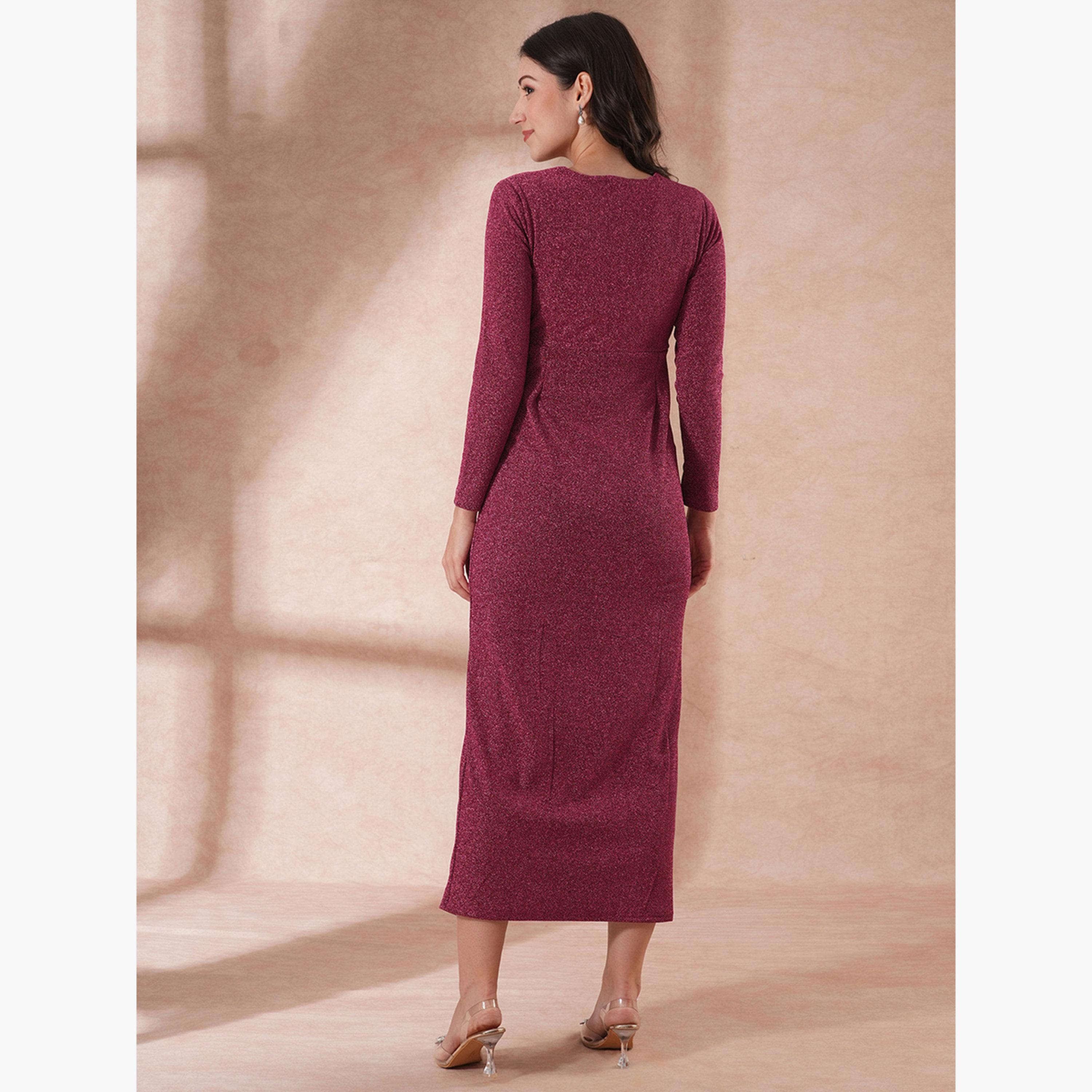 غلوبوص × ستايلي - فستان ماكسي ضيق لامع بأكمام طويلة وتفاصيل كشكشة-women-clothing-dresses-image-3