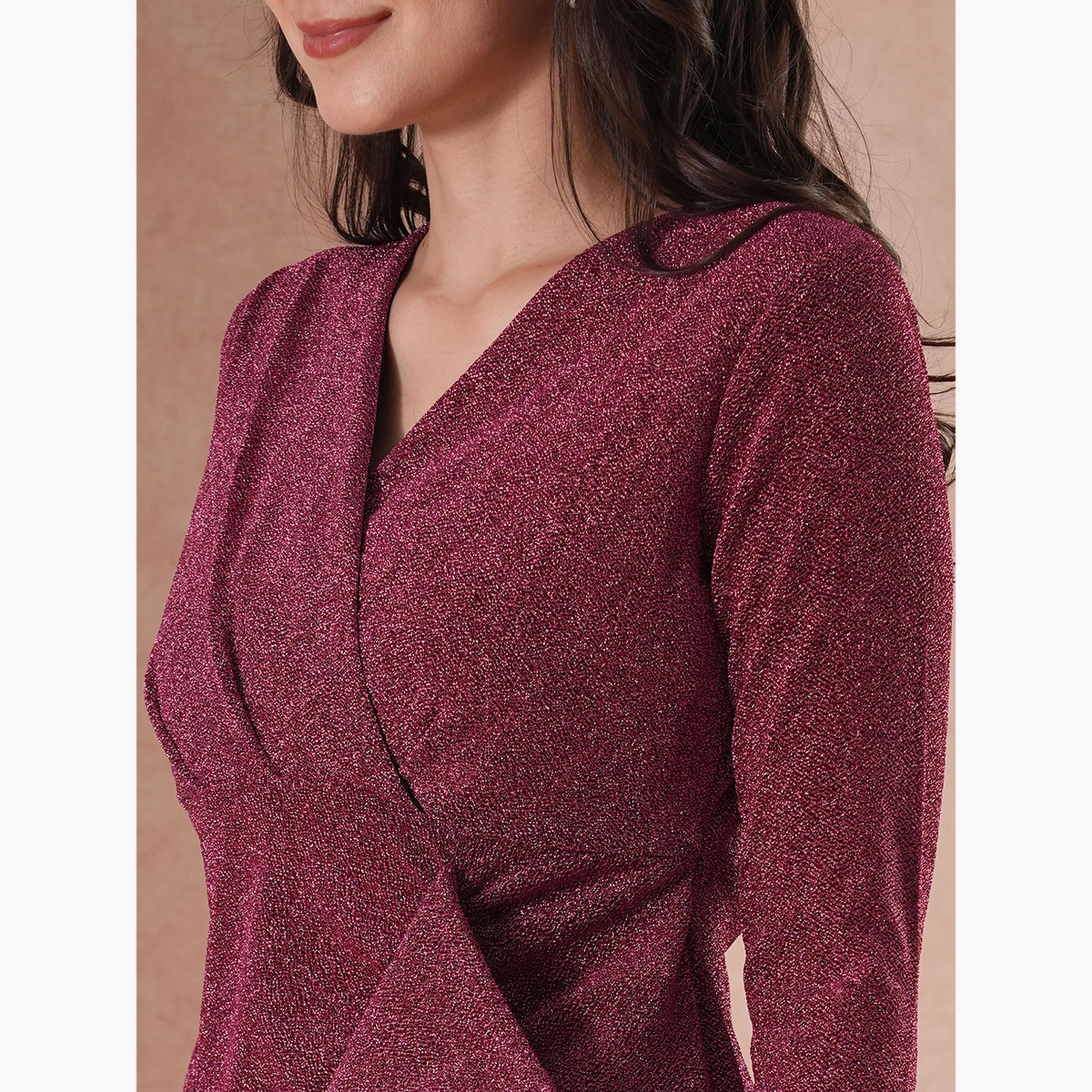غلوبوص × ستايلي - فستان ماكسي ضيق لامع بأكمام طويلة وتفاصيل كشكشة-women-clothing-dresses-image-4