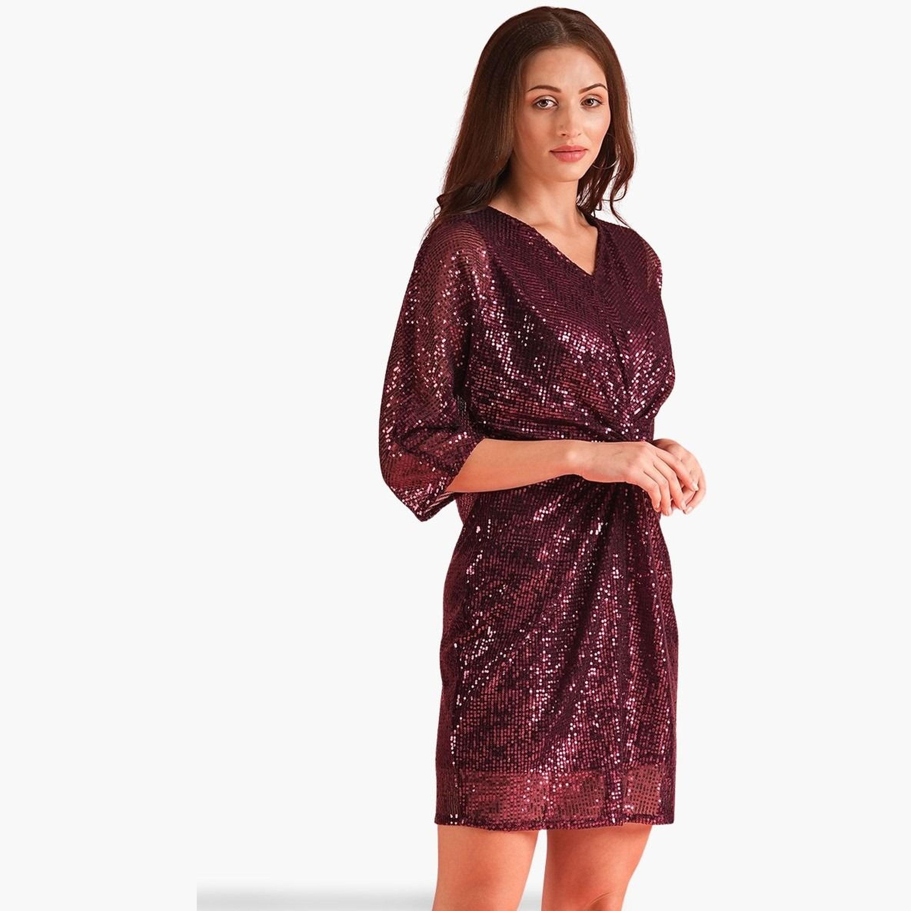 Globus X Styli Dark Purple Wine Sequined A-Line Mini Dress-women-clothing-dresses-image-1