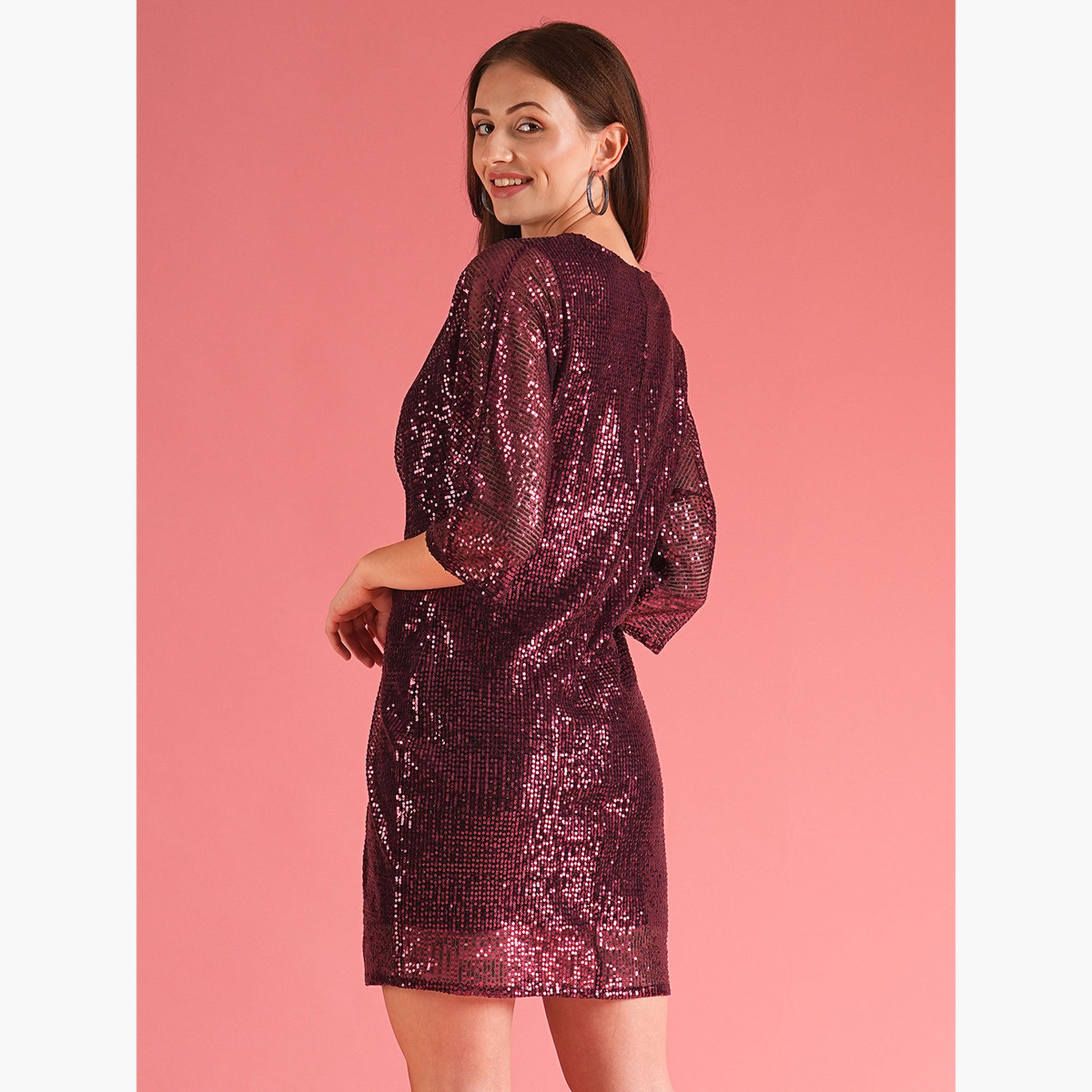 غلوبوص × ستايلي - فستان قصير تصميم A باللون الأرجواني الداكن ومزين بالترتر-women-clothing-dresses-image-3