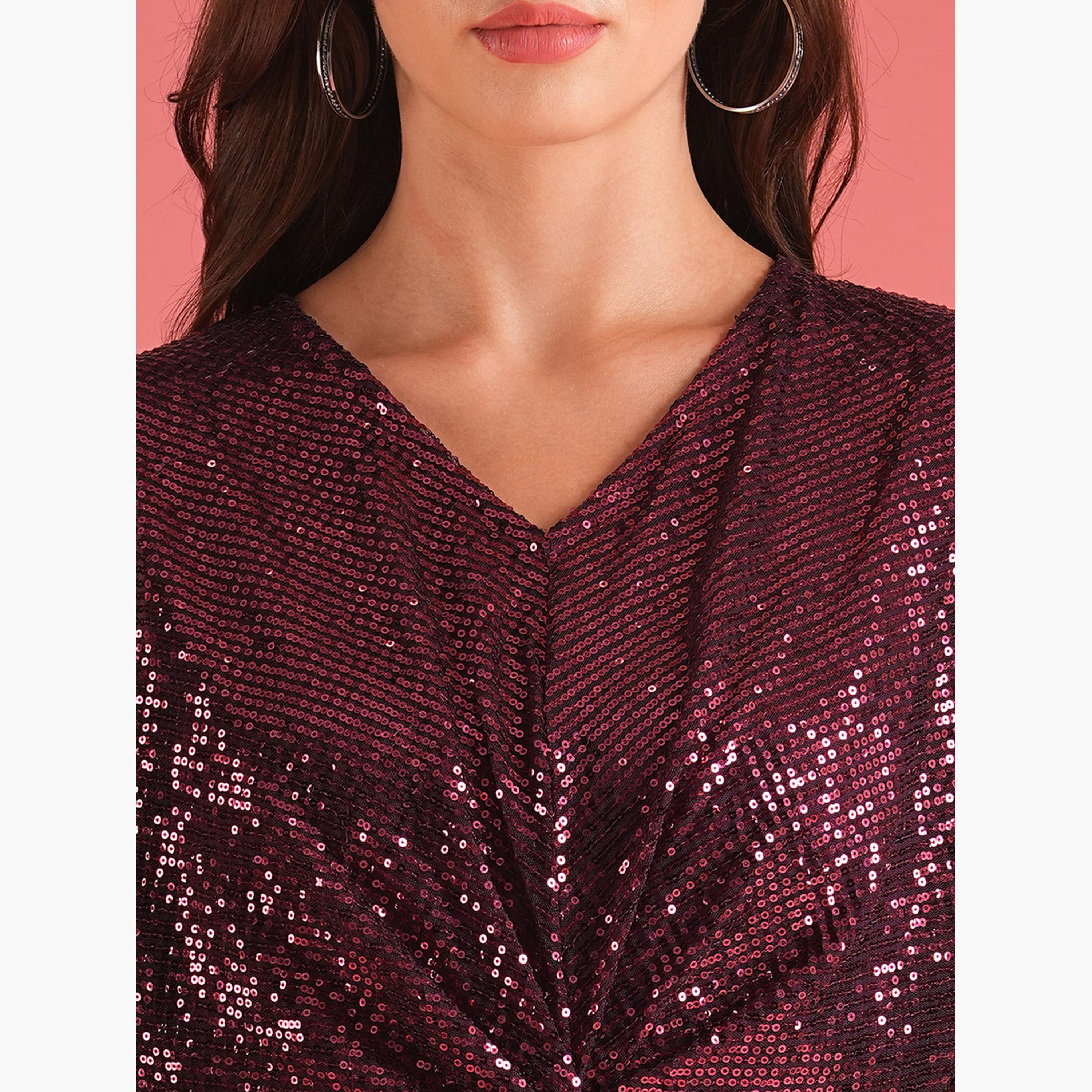 غلوبوص × ستايلي - فستان قصير تصميم A باللون الأرجواني الداكن ومزين بالترتر-women-clothing-dresses-image-4