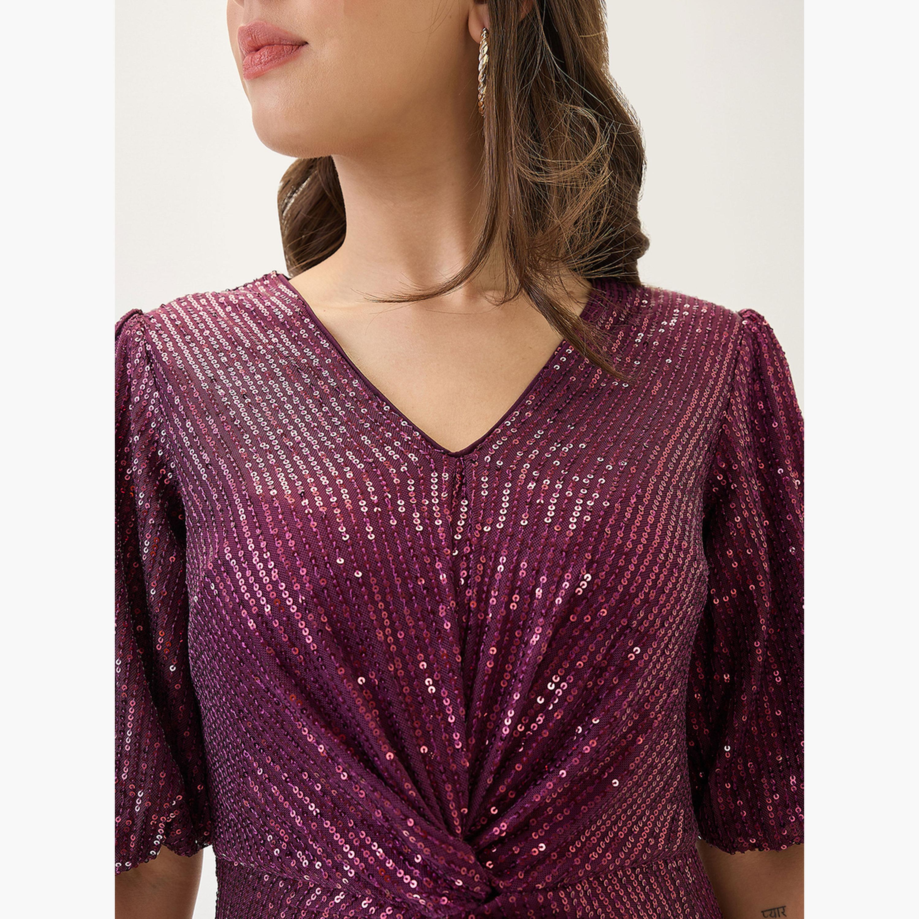Globus X Styli Burgundy Puff Sleeves Twisted Sequined Mini Dress-women-clothing-dresses-image-4
