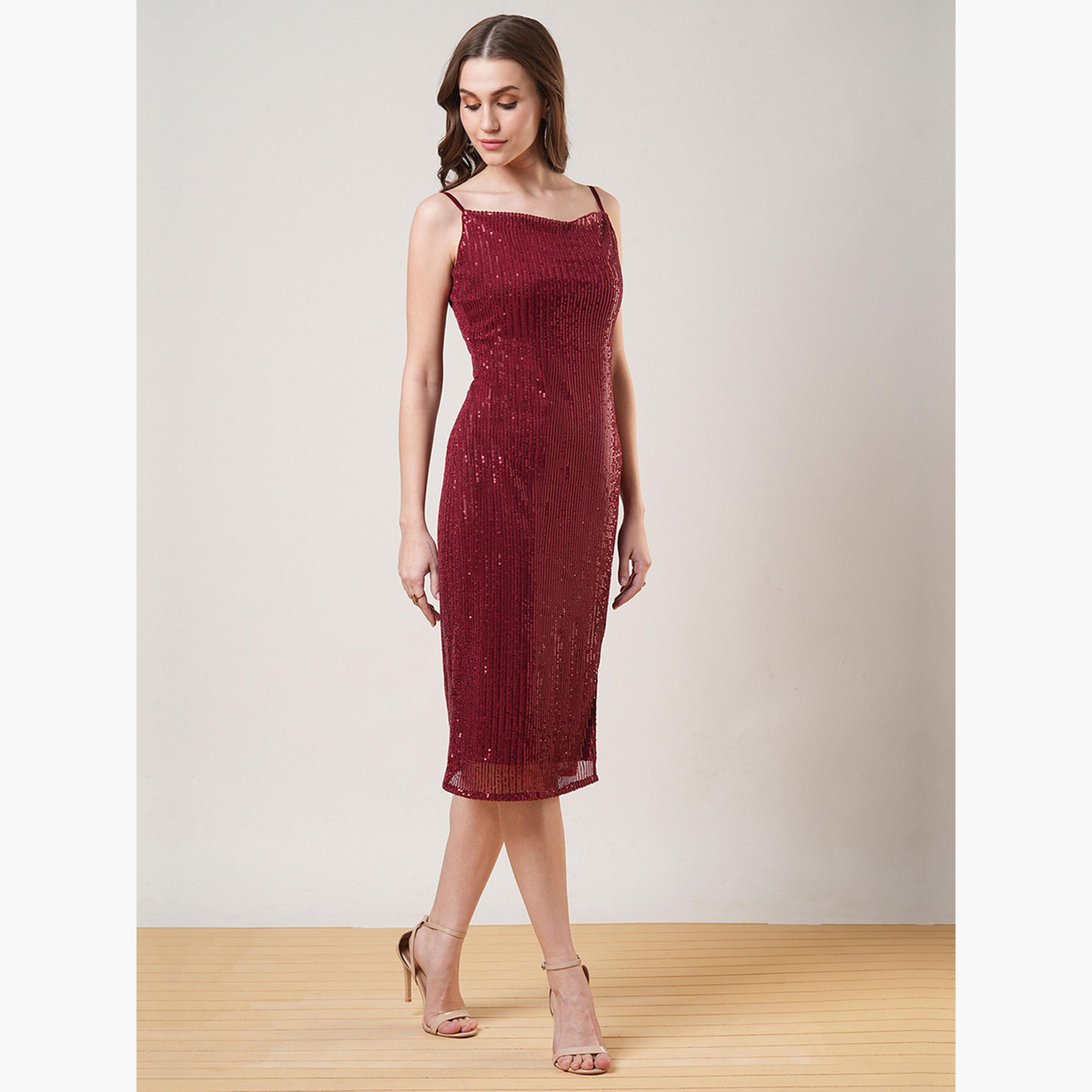 غلوبوص × ستايلي - فستان متوسط ​​الطول برقبة دائرية وحمالات مطرز بالترتر لون مارون-women-clothing-dresses-image-2