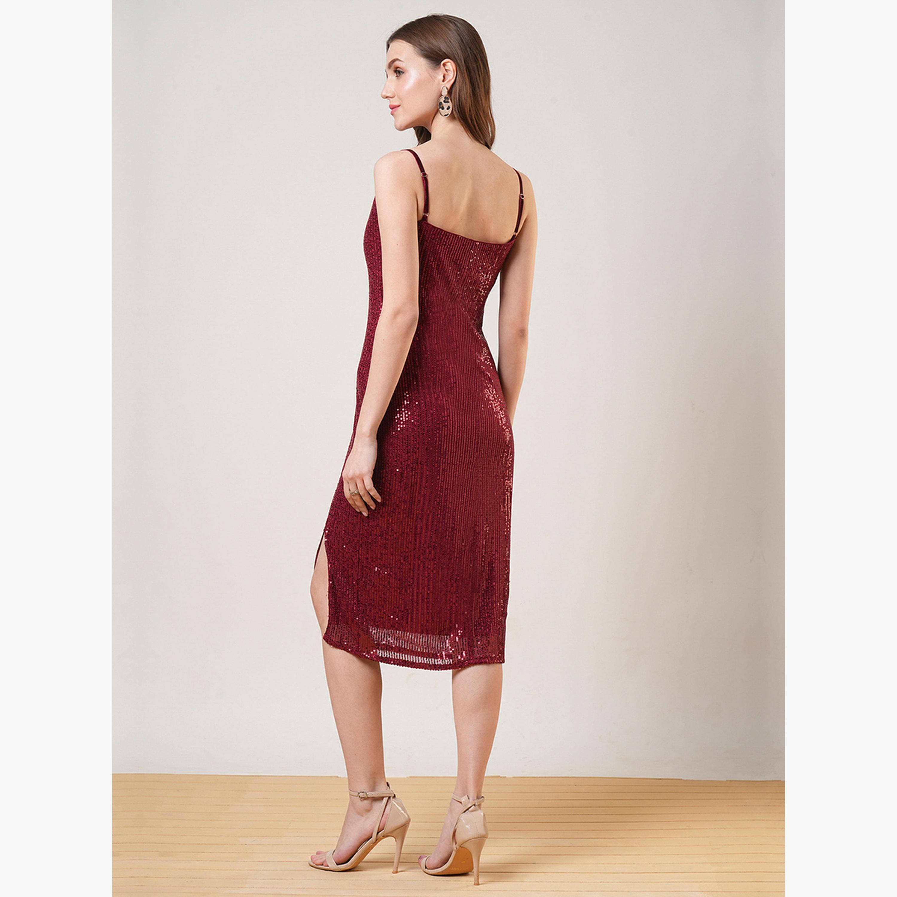 غلوبوص × ستايلي - فستان متوسط ​​الطول برقبة دائرية وحمالات مطرز بالترتر لون مارون-women-clothing-dresses-image-3