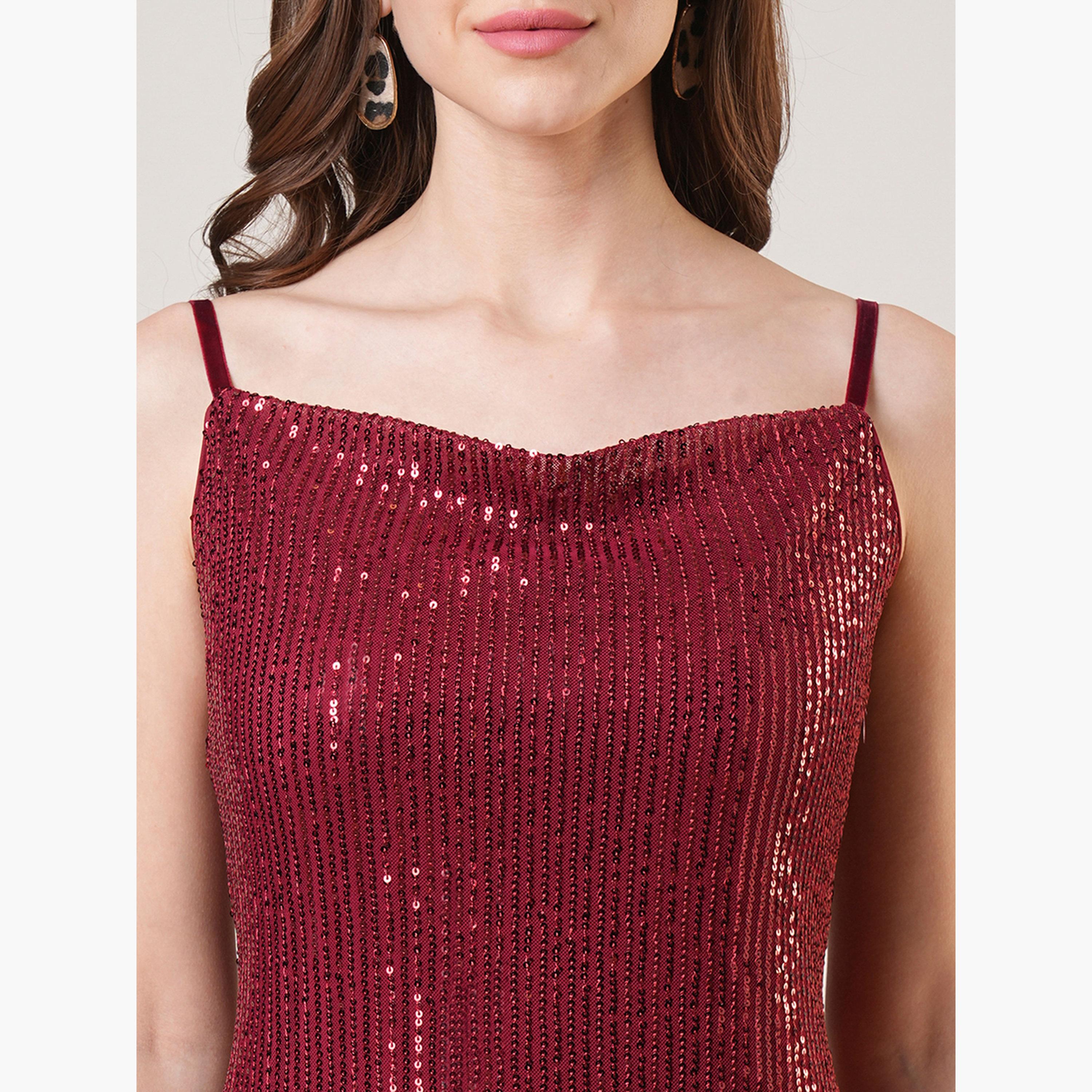 غلوبوص × ستايلي - فستان متوسط ​​الطول برقبة دائرية وحمالات مطرز بالترتر لون مارون-women-clothing-dresses-image-4