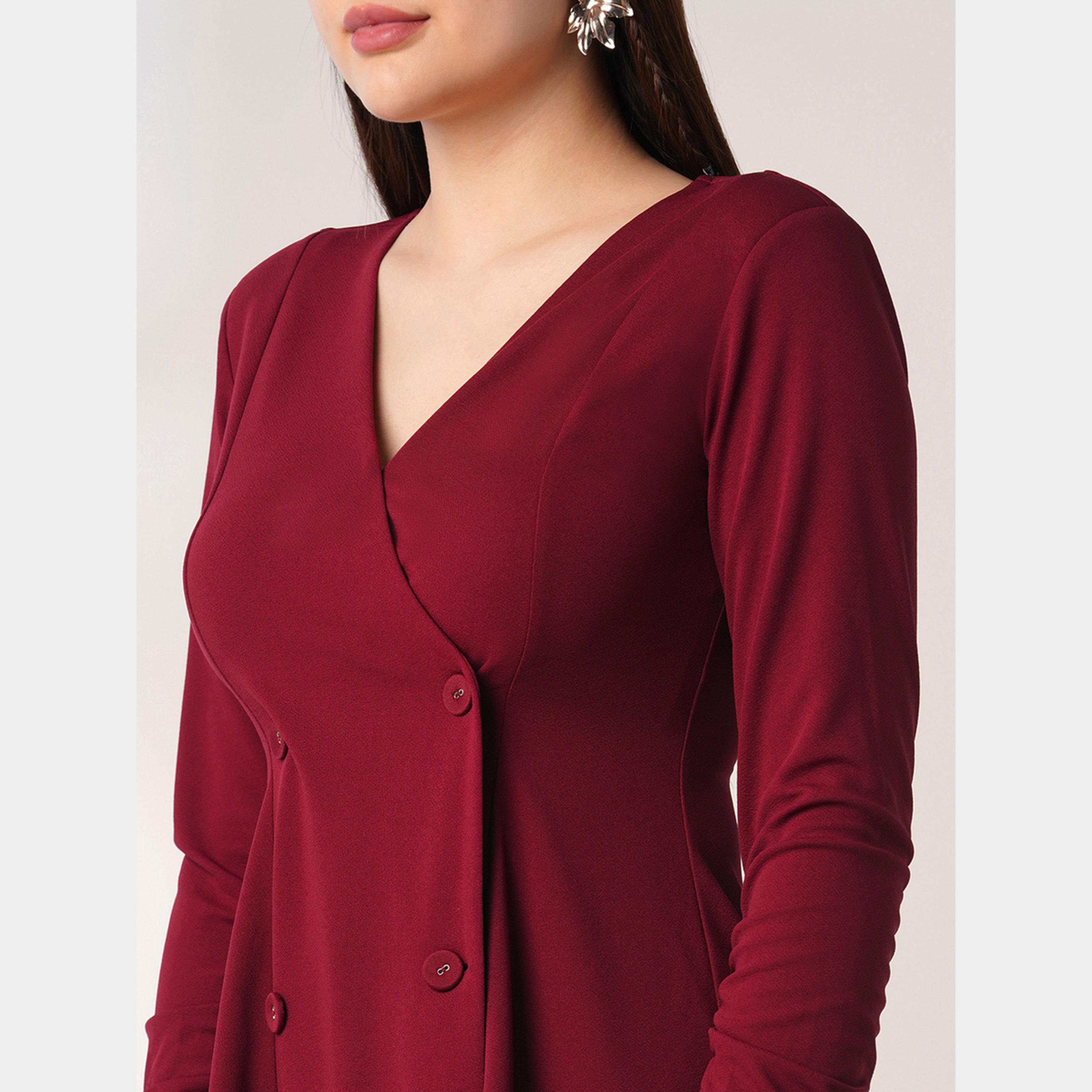 غلوبوص × ستايلي - فستان قصير نسائي  لون مارون  بأكمام طويلة ورقبة ملفوفة وأزرار حرف A-women-clothing-dresses-image-4
