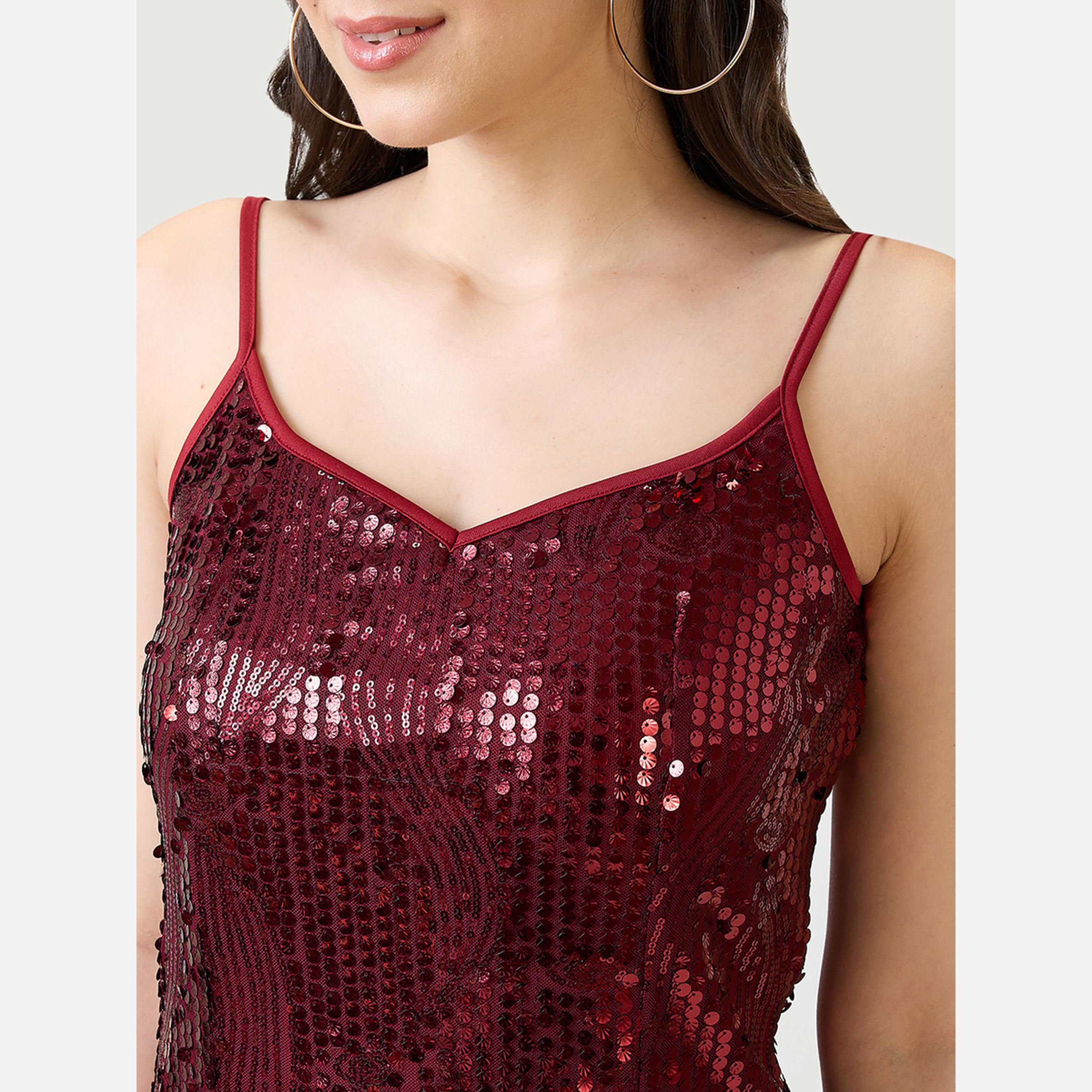 غلوبوص × ستايلي - فستان قصير ضيق مزين بالترتر لون برغندي-women-clothing-dresses-image-4