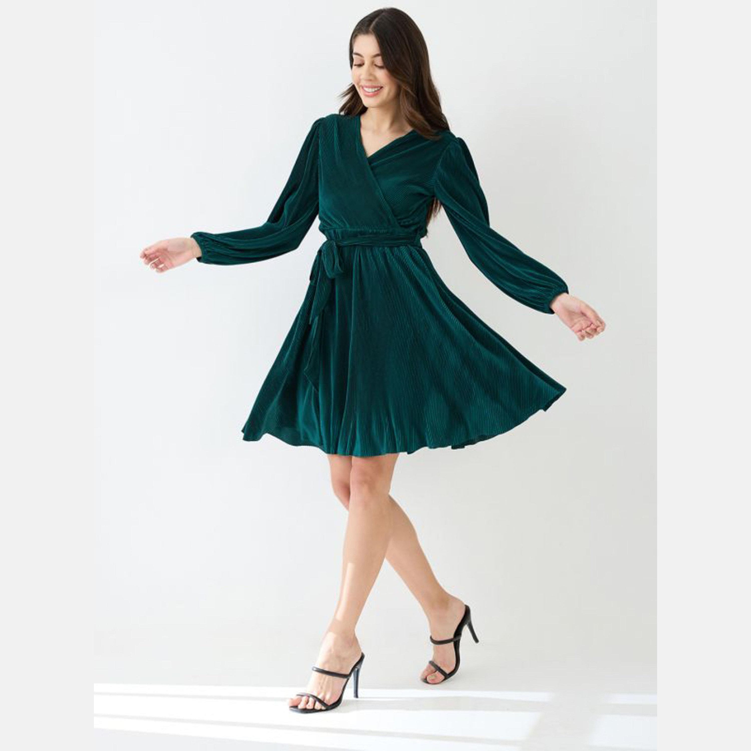 غلوبوص × ستايلي - فستان نسائي أخضر مخملي رقبة حرف A-women-clothing-dresses-image-2