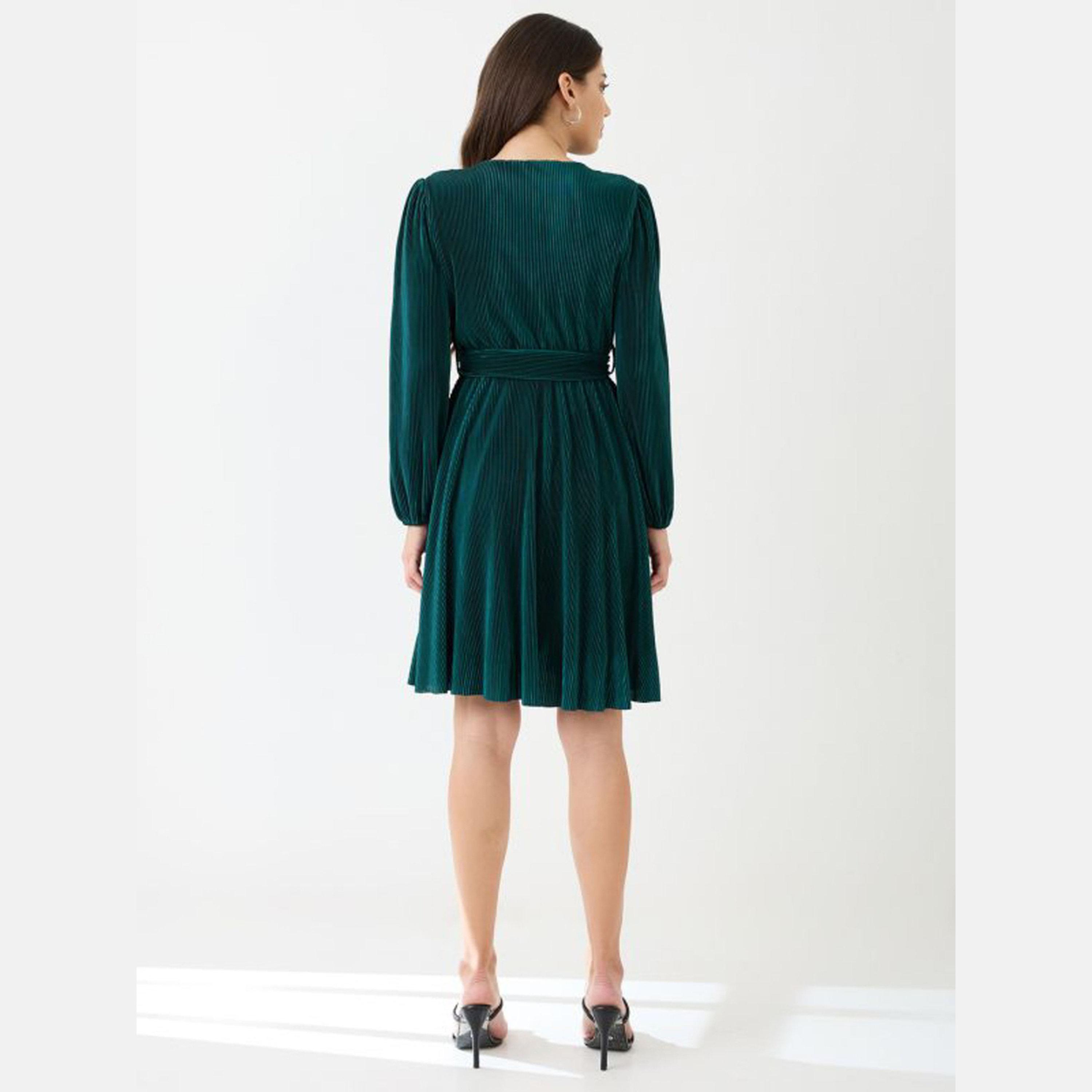 غلوبوص × ستايلي - فستان نسائي أخضر مخملي رقبة حرف A-women-clothing-dresses-image-3