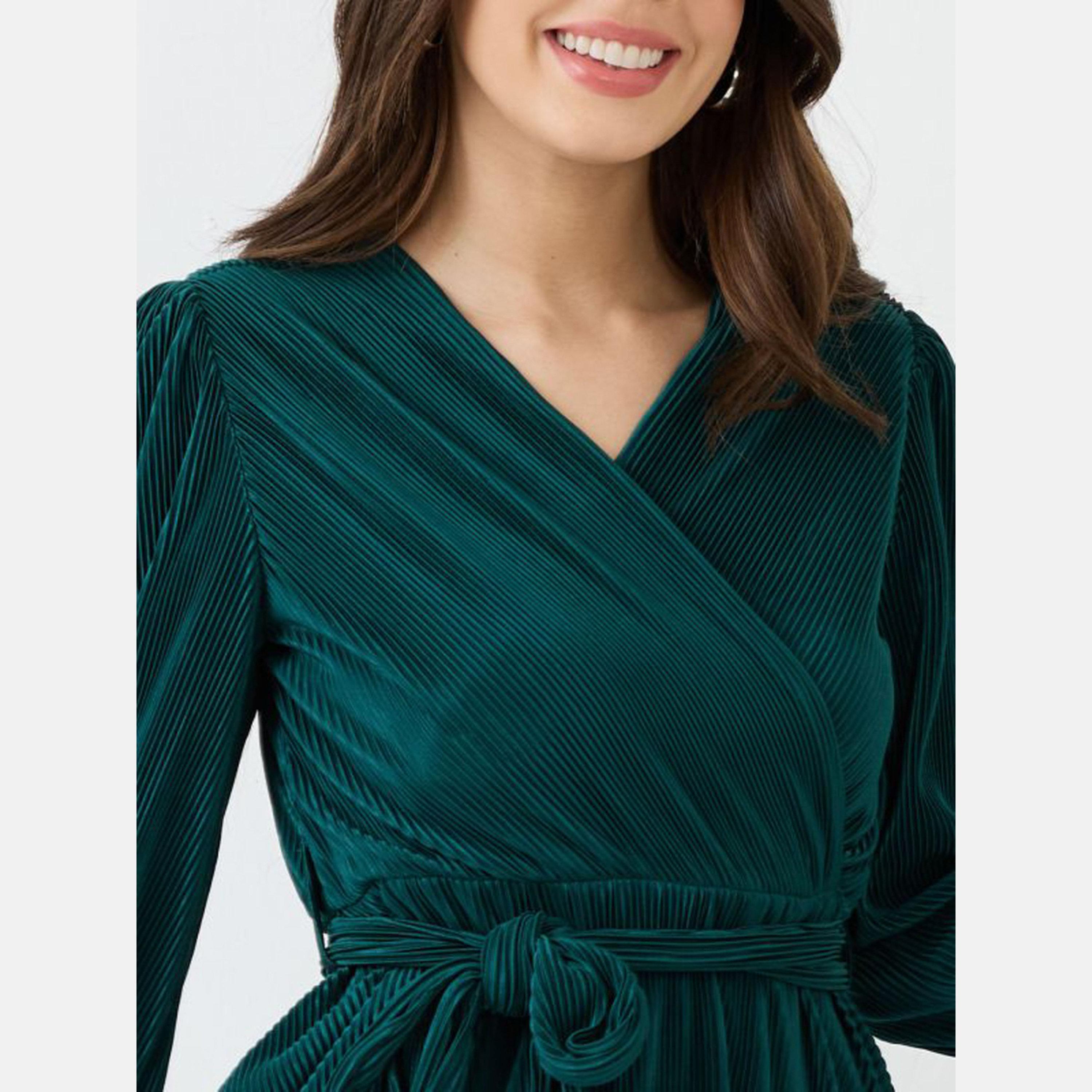 غلوبوص × ستايلي - فستان نسائي أخضر مخملي رقبة حرف A-women-clothing-dresses-image-4