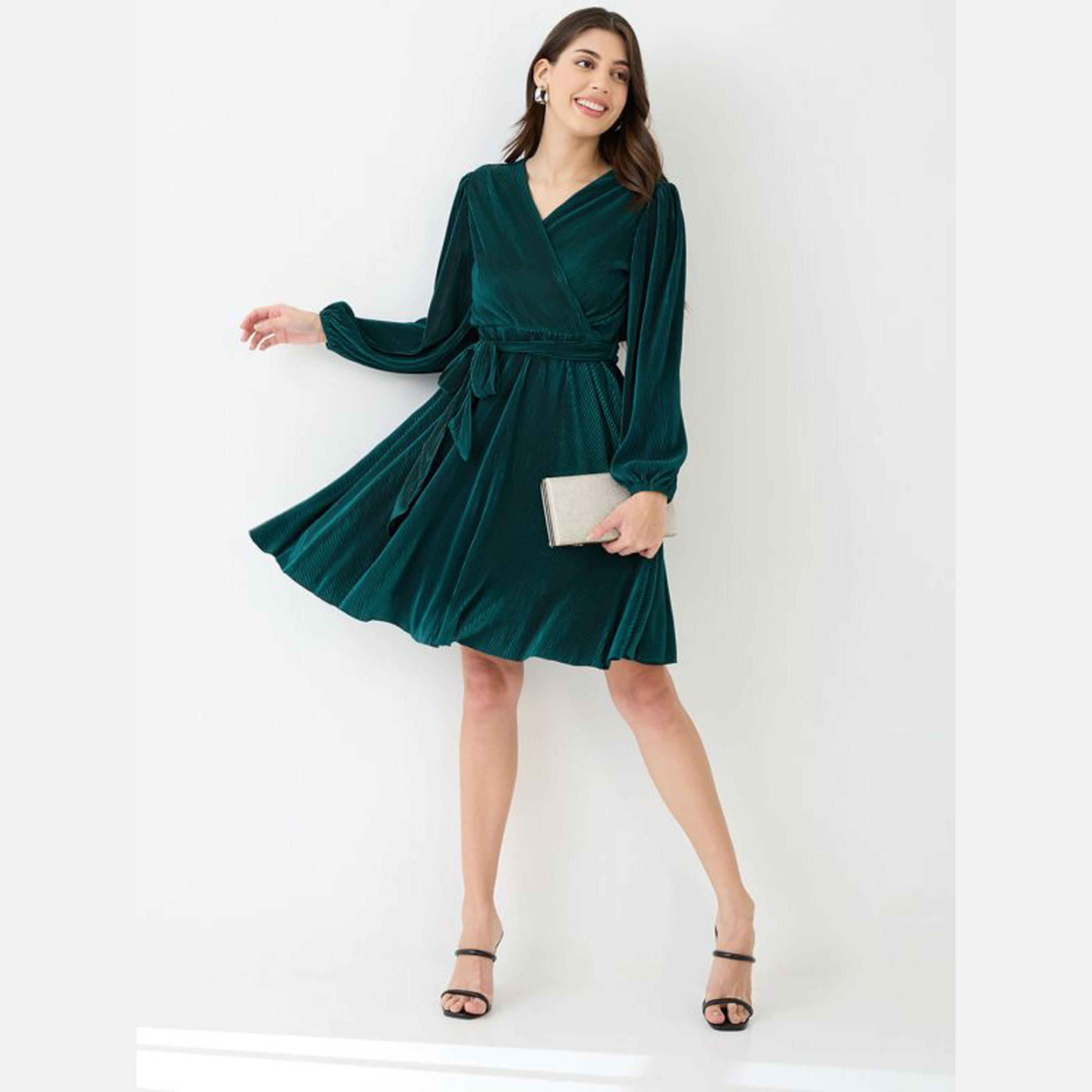 غلوبوص × ستايلي - فستان نسائي أخضر مخملي رقبة حرف A-women-clothing-dresses-image-5