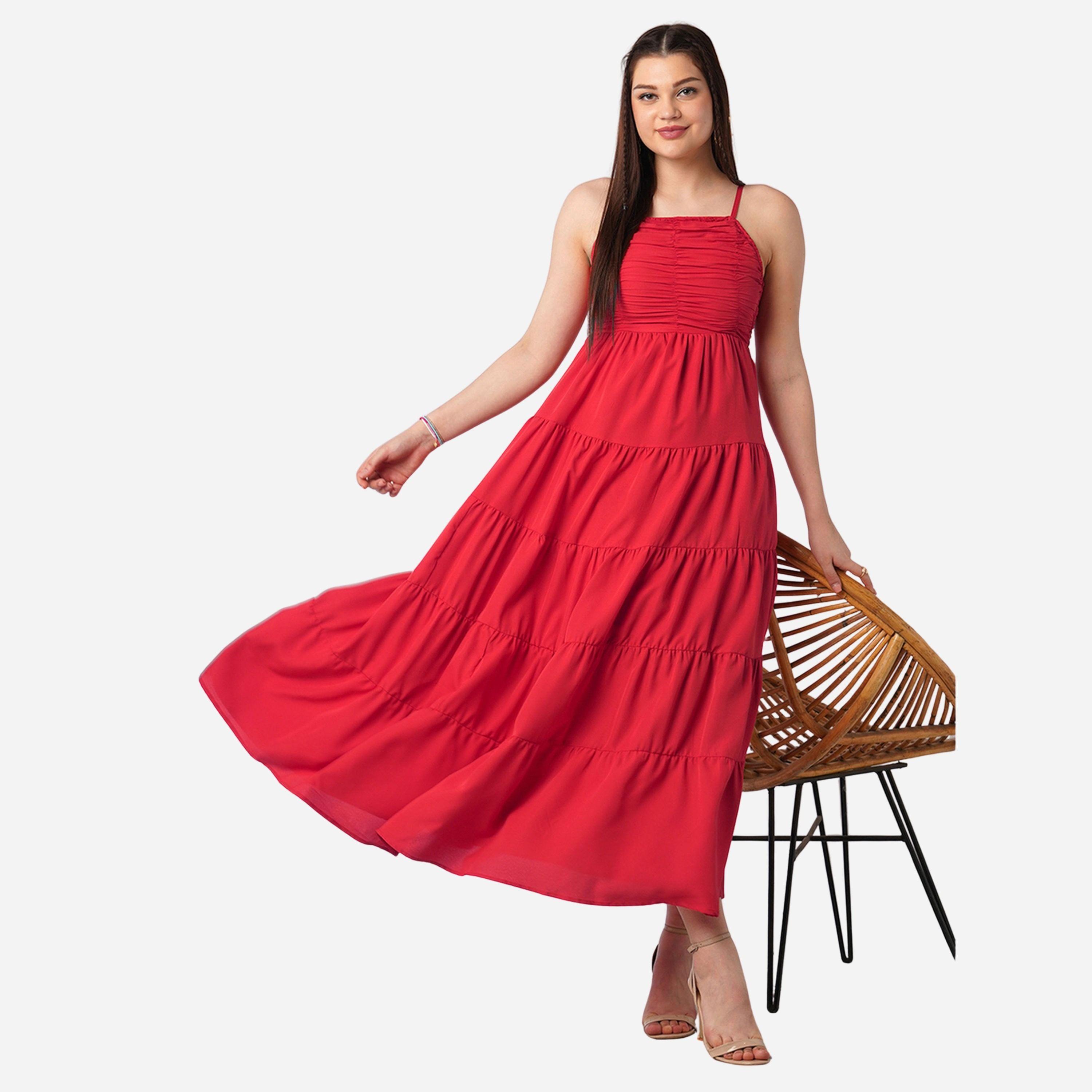 Globus X Styli Women Red Square Neck Strappy Tiered Maxi Dress-women-clothing-dresses-image-1