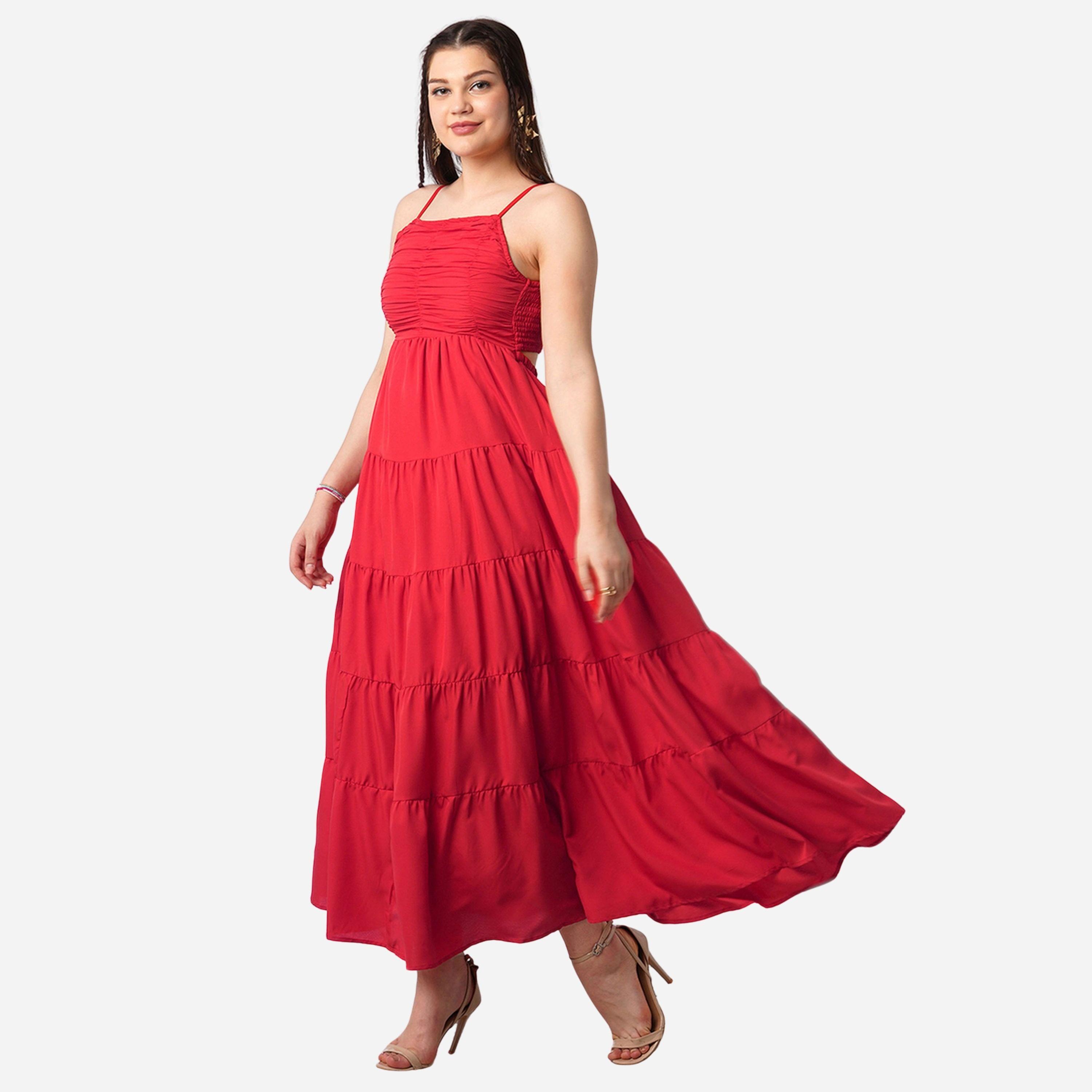 Globus X Styli Women Red Square Neck Strappy Tiered Maxi Dress-women-clothing-dresses-image-2