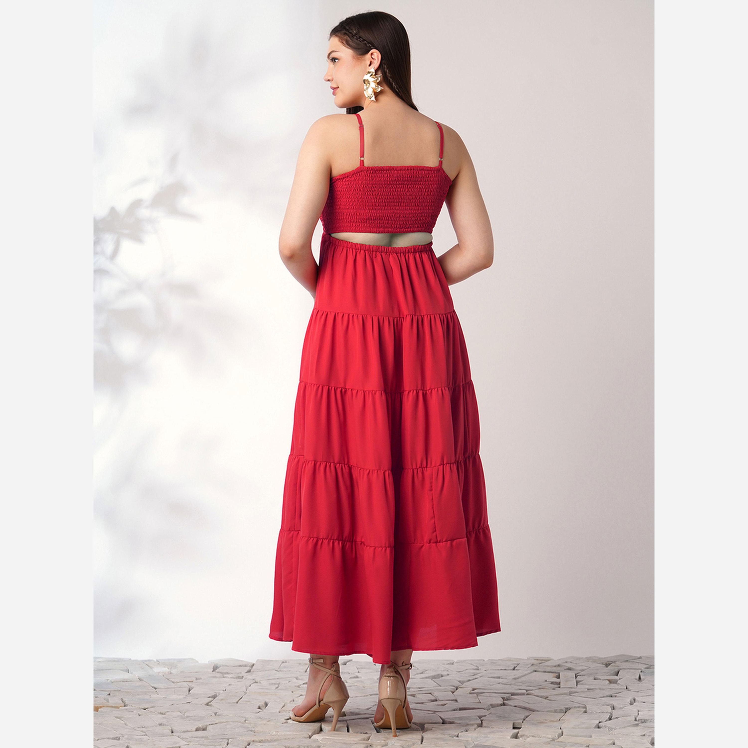 غلوبوص × ستايلي - فستان متوسط الطول لون أحمر للنساء، ياقة مربعة وأربطة-women-clothing-dresses-image-3
