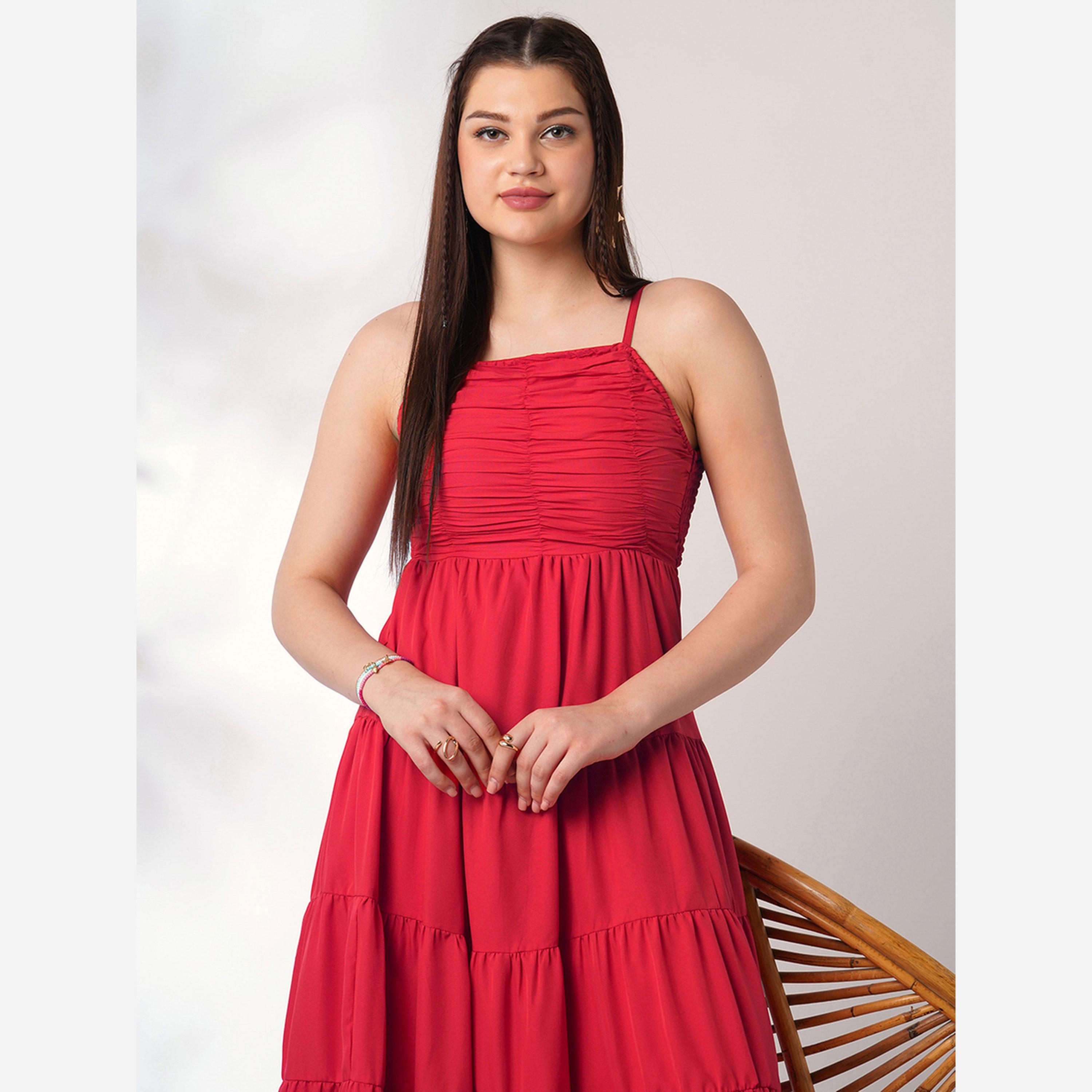 غلوبوص × ستايلي - فستان متوسط الطول لون أحمر للنساء، ياقة مربعة وأربطة-women-clothing-dresses-image-5