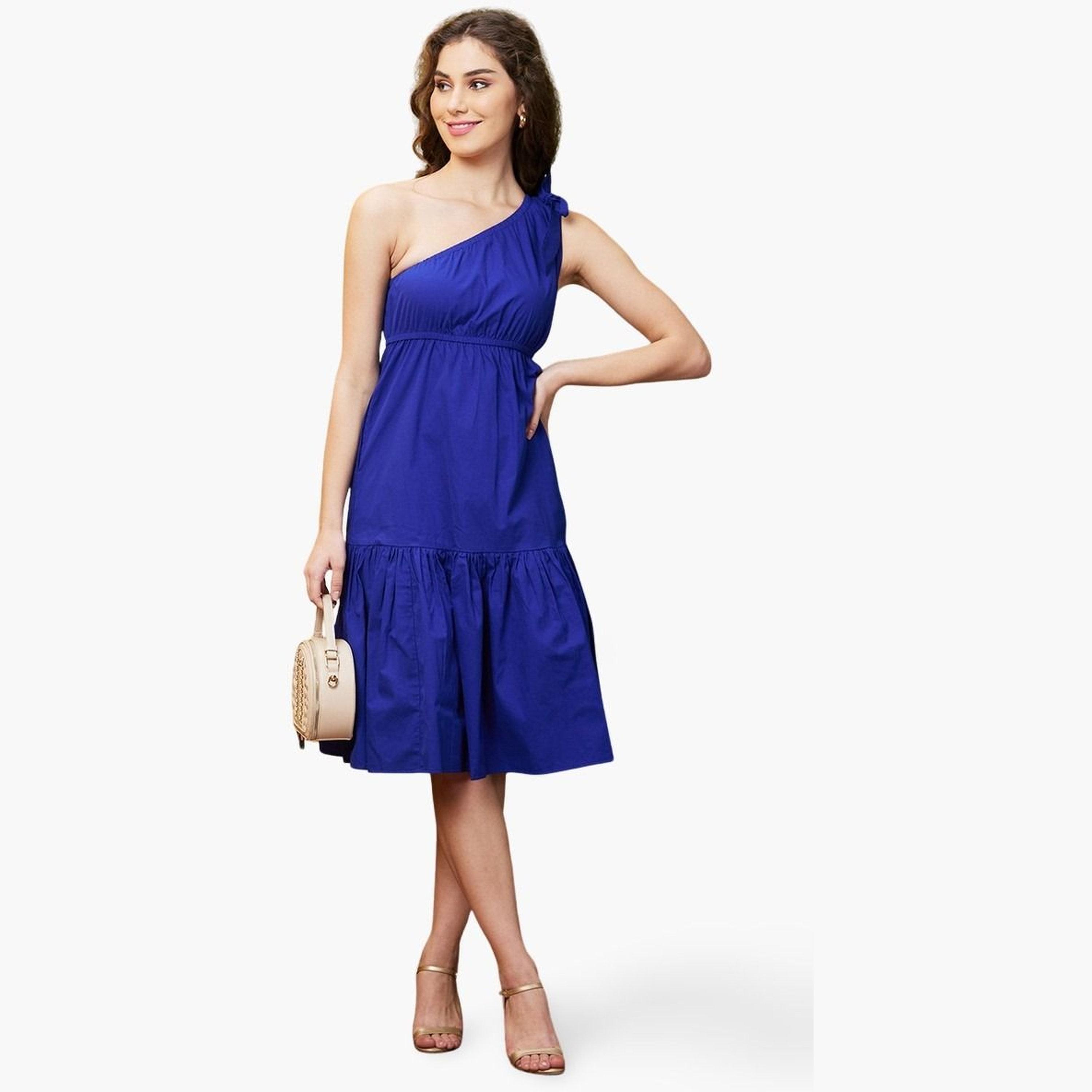 غلوبوص × ستايلي - فستان متوسط الطول أزرق بكتف واحد-women-clothing-dresses-image-1