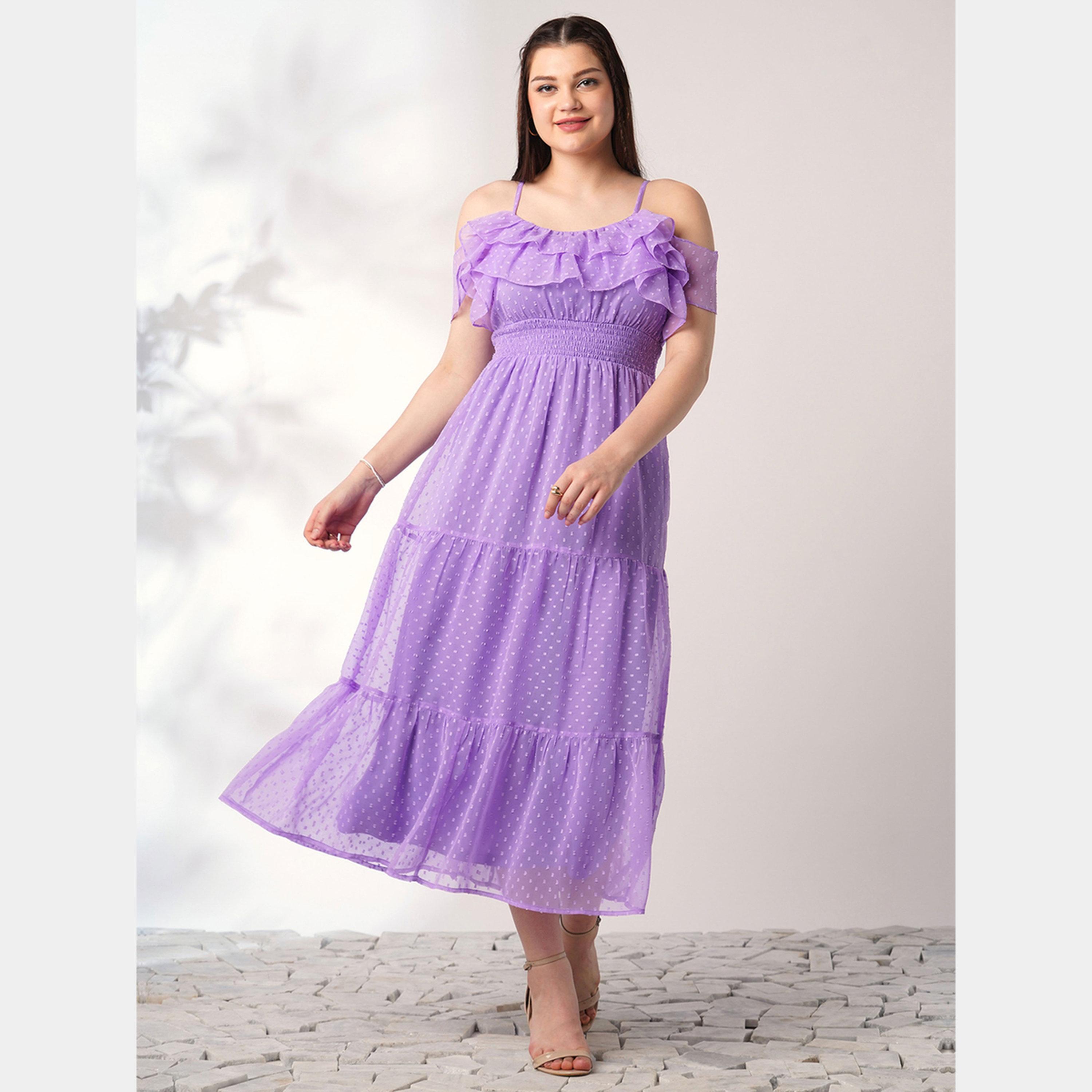 Globus X Styli Lavender Smocked Ruffles Detail Strappy Women's Midi Dress-women-clothing-dresses-image-1