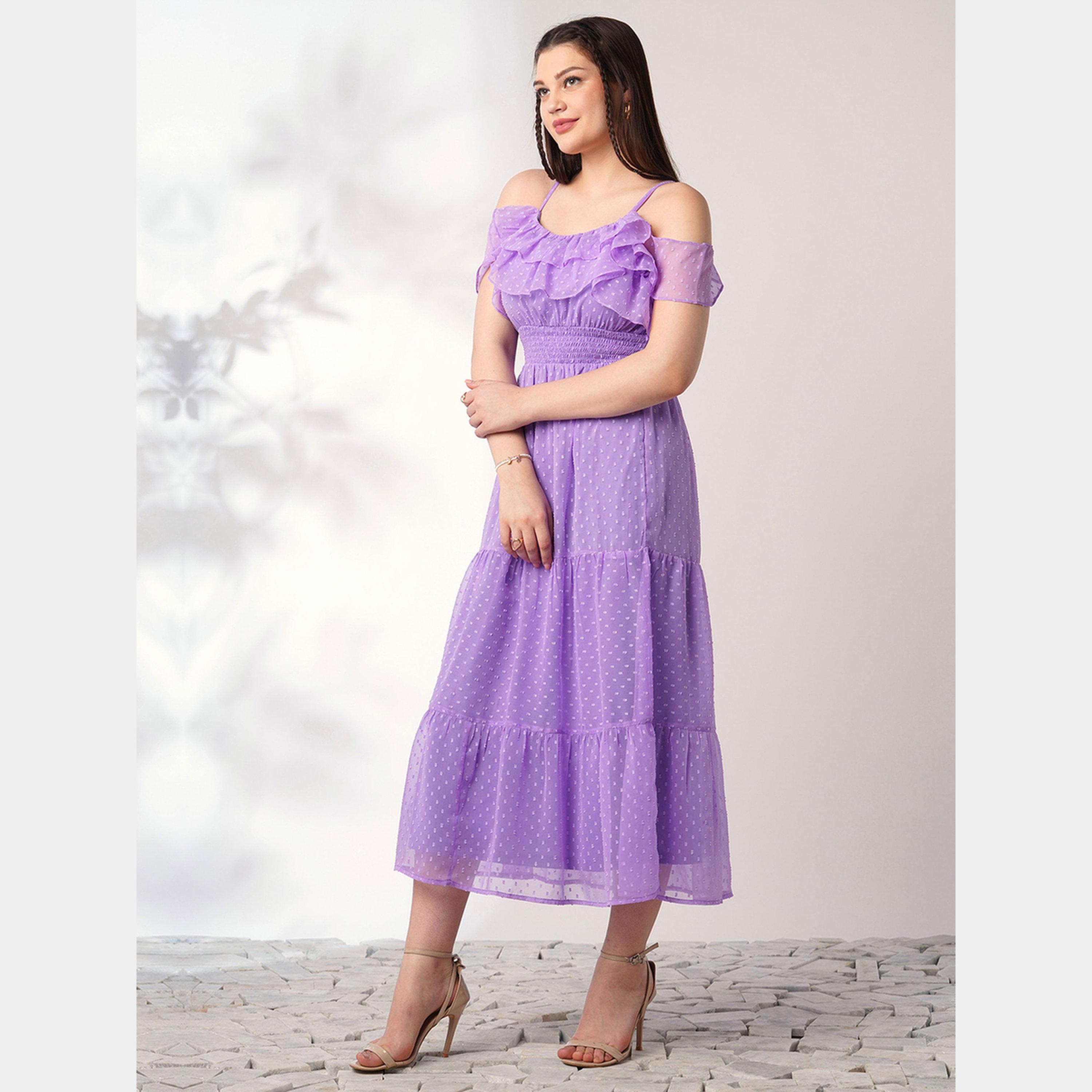 Globus X Styli Lavender Smocked Ruffles Detail Strappy Women's Midi Dress-women-clothing-dresses-image-2