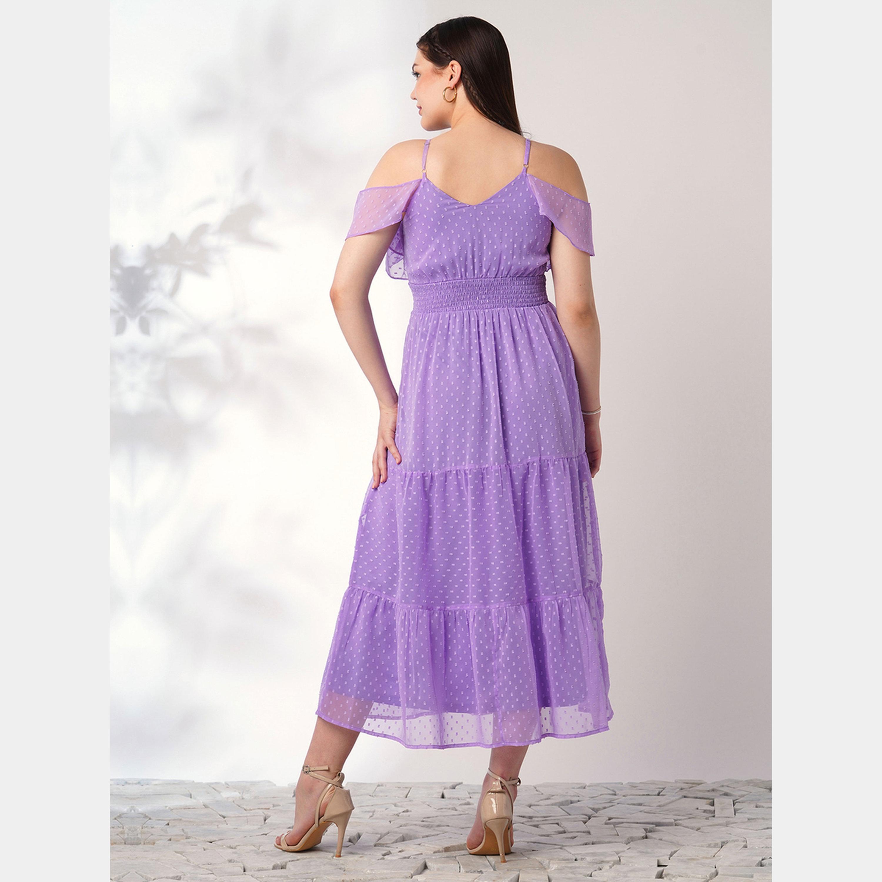 Globus X Styli Lavender Smocked Ruffles Detail Strappy Women's Midi Dress-women-clothing-dresses-image-3