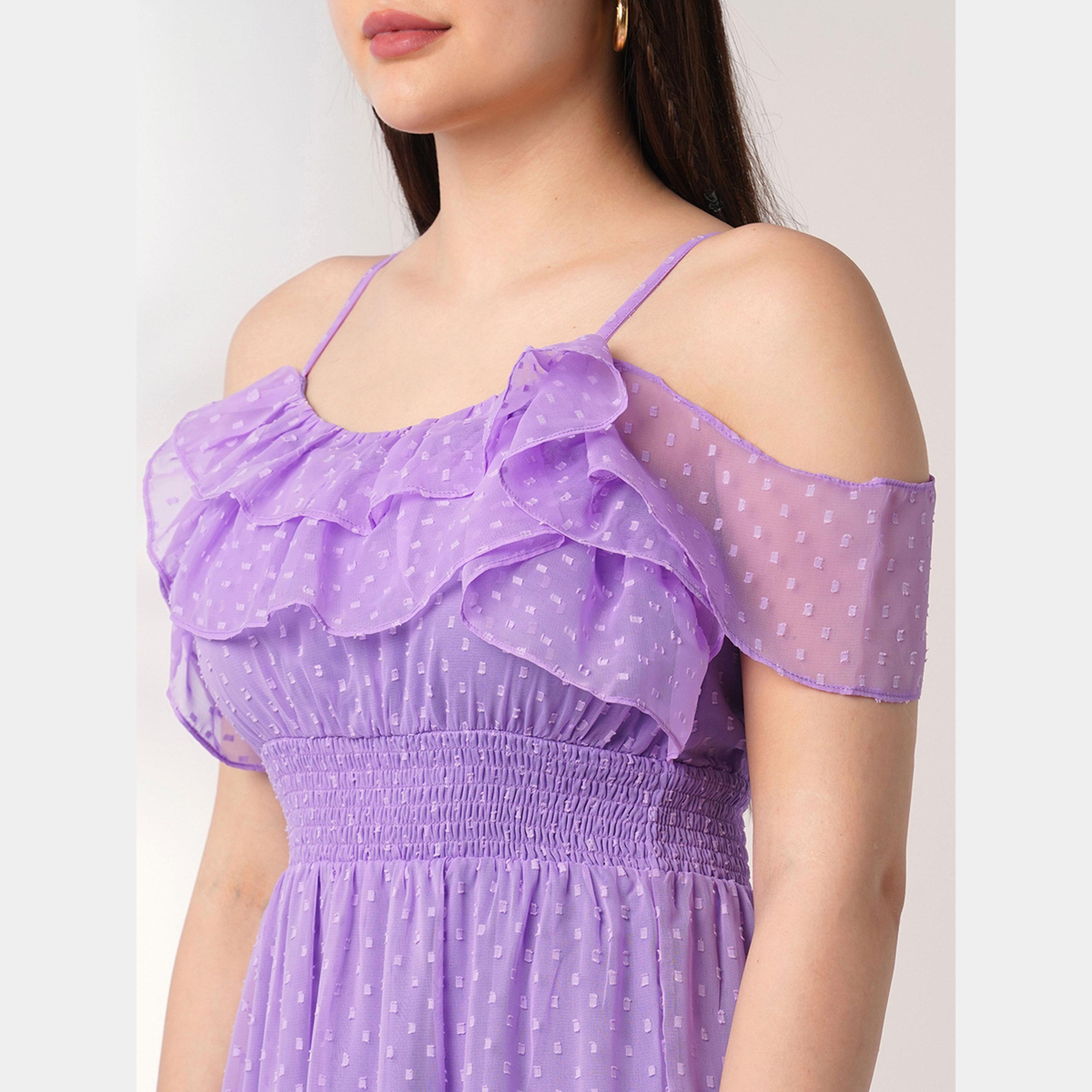Globus X Styli Lavender Smocked Ruffles Detail Strappy Women's Midi Dress-women-clothing-dresses-image-4