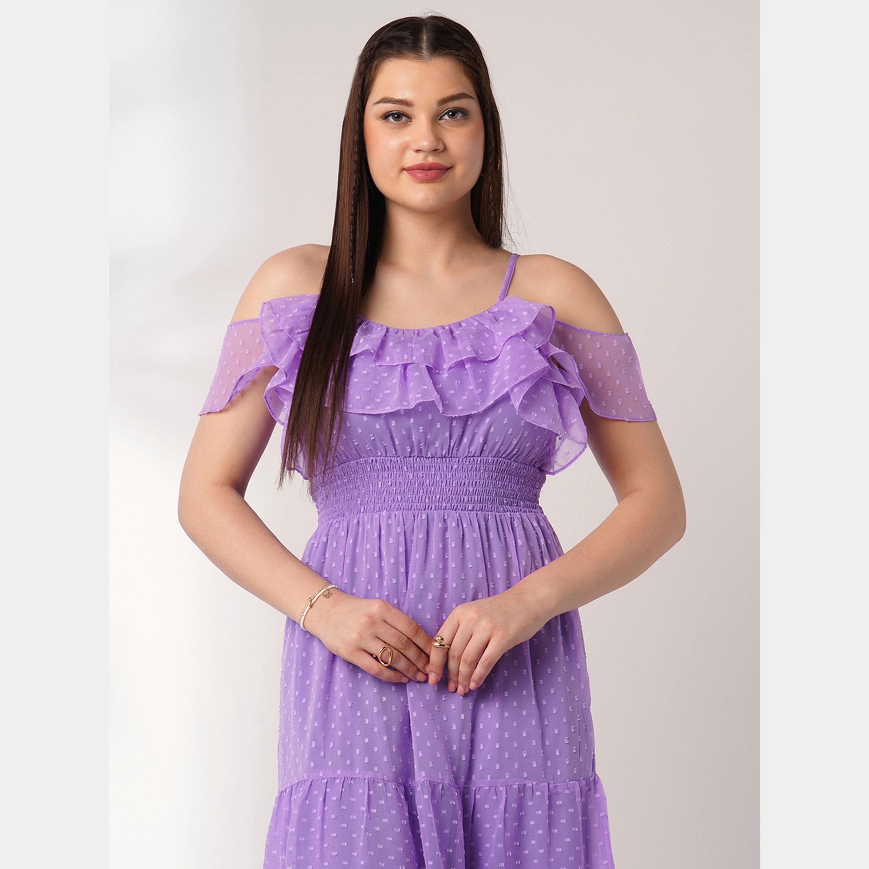 Globus X Styli Lavender Smocked Ruffles Detail Strappy Women's Midi Dress-women-clothing-dresses-image-5