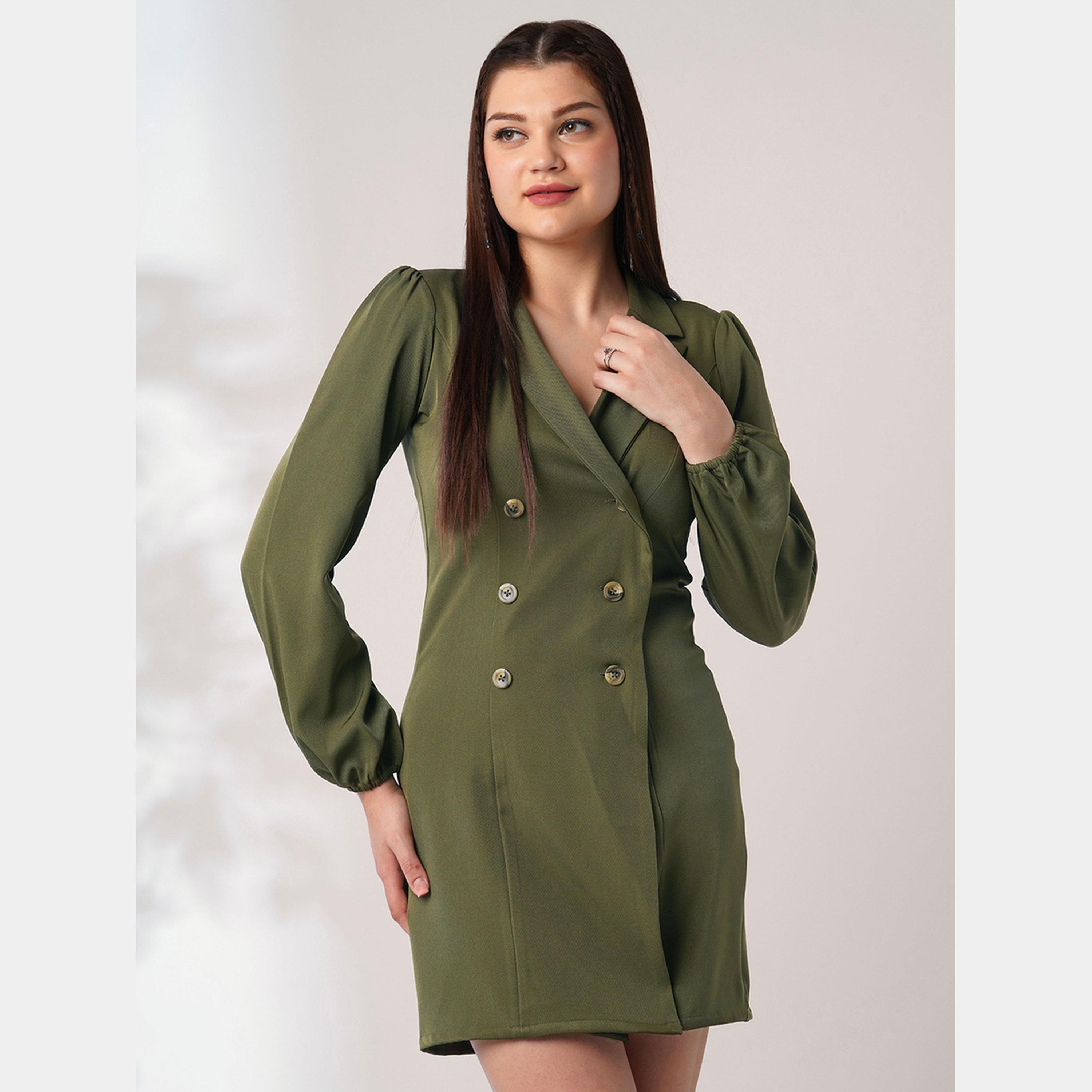 غلوبوص × ستايلي - فستان بليزر قصير بأكمام طويلة وياقة مطوية وأزرار لون أخضر للنساء-women-clothing-dresses-image-1