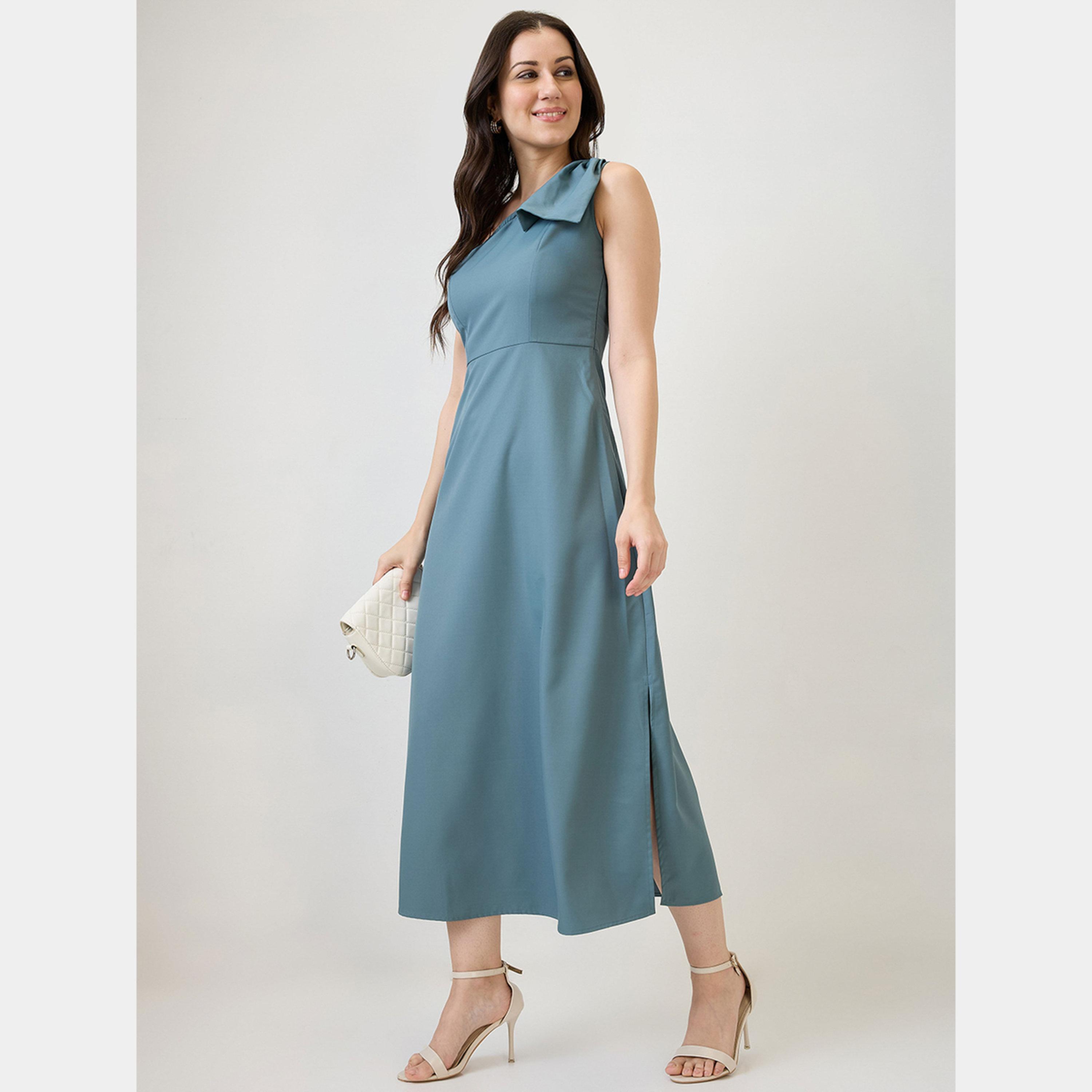 غلوبوص × ستايلي - فستان ماكسي نسائي أزرق بكتف واحد بدون أكمام وفتحة جانبية حرف A-women-clothing-dresses-image-1