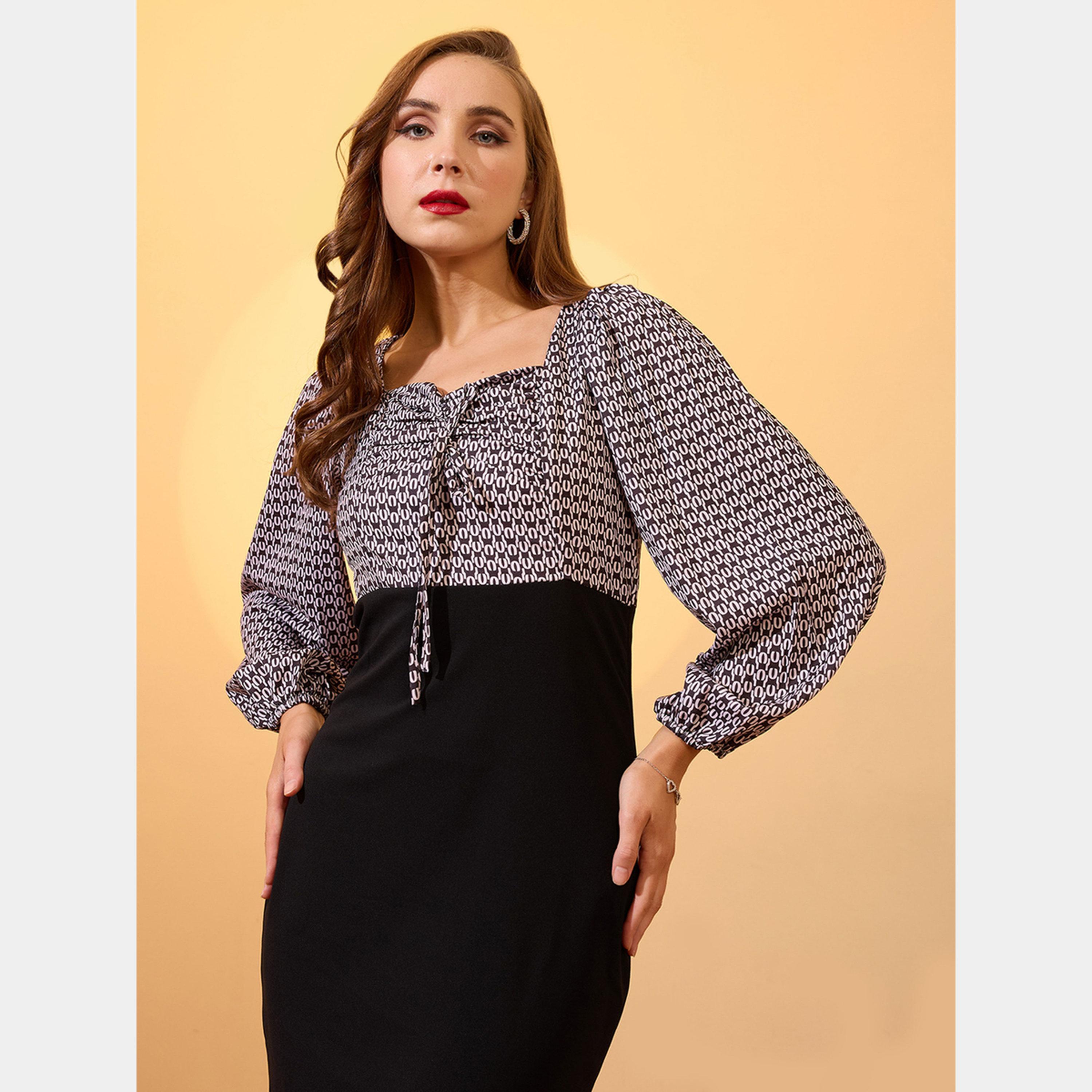 Globus X Styli Black Printed Sweetheart Neck Long Sleeves Women's Bodycon Mini Dress-women-clothing-dresses-image-5