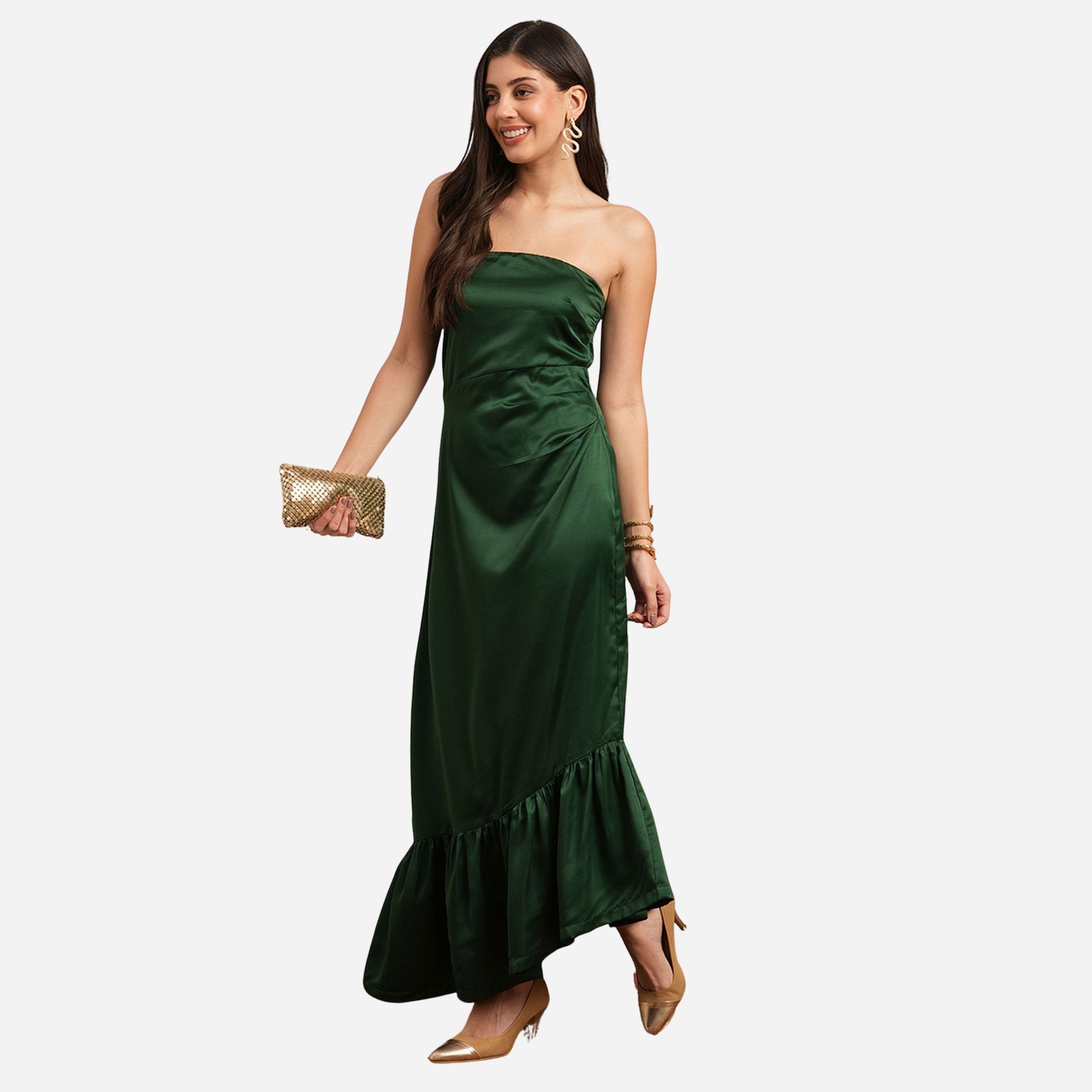 غلوبوص × ستايلي - فستان متوسط الطول لون أخضر ياقة باندو وحافة مكشكشة-women-clothing-dresses-image-1