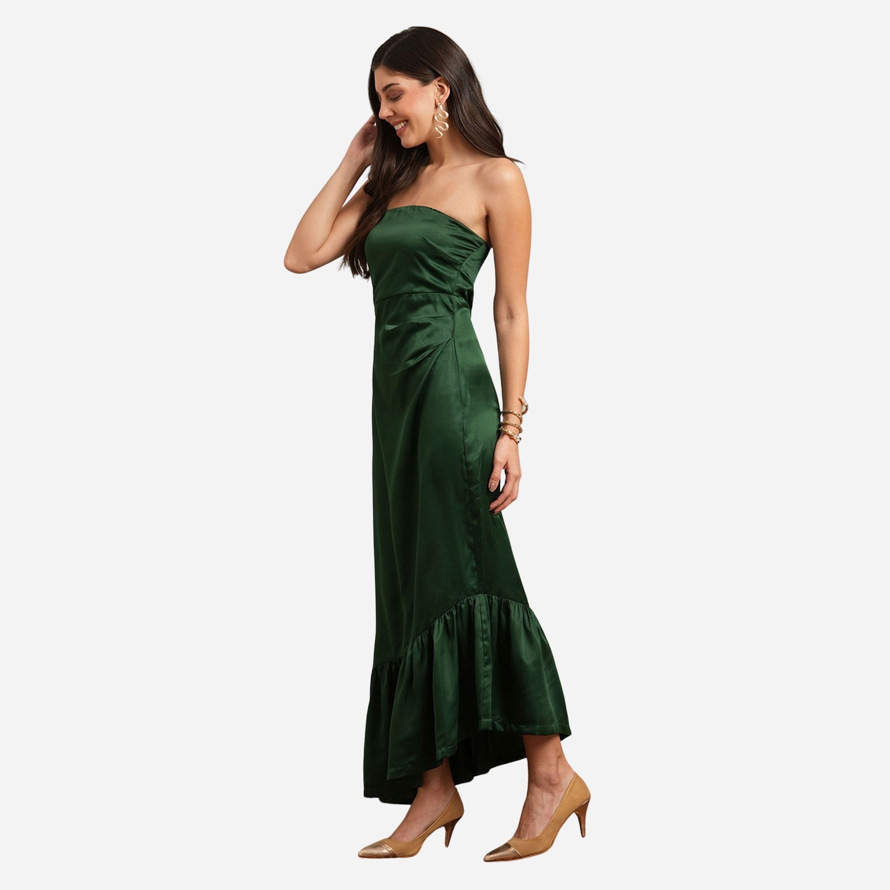 غلوبوص × ستايلي - فستان متوسط الطول لون أخضر ياقة باندو وحافة مكشكشة-women-clothing-dresses-image-2
