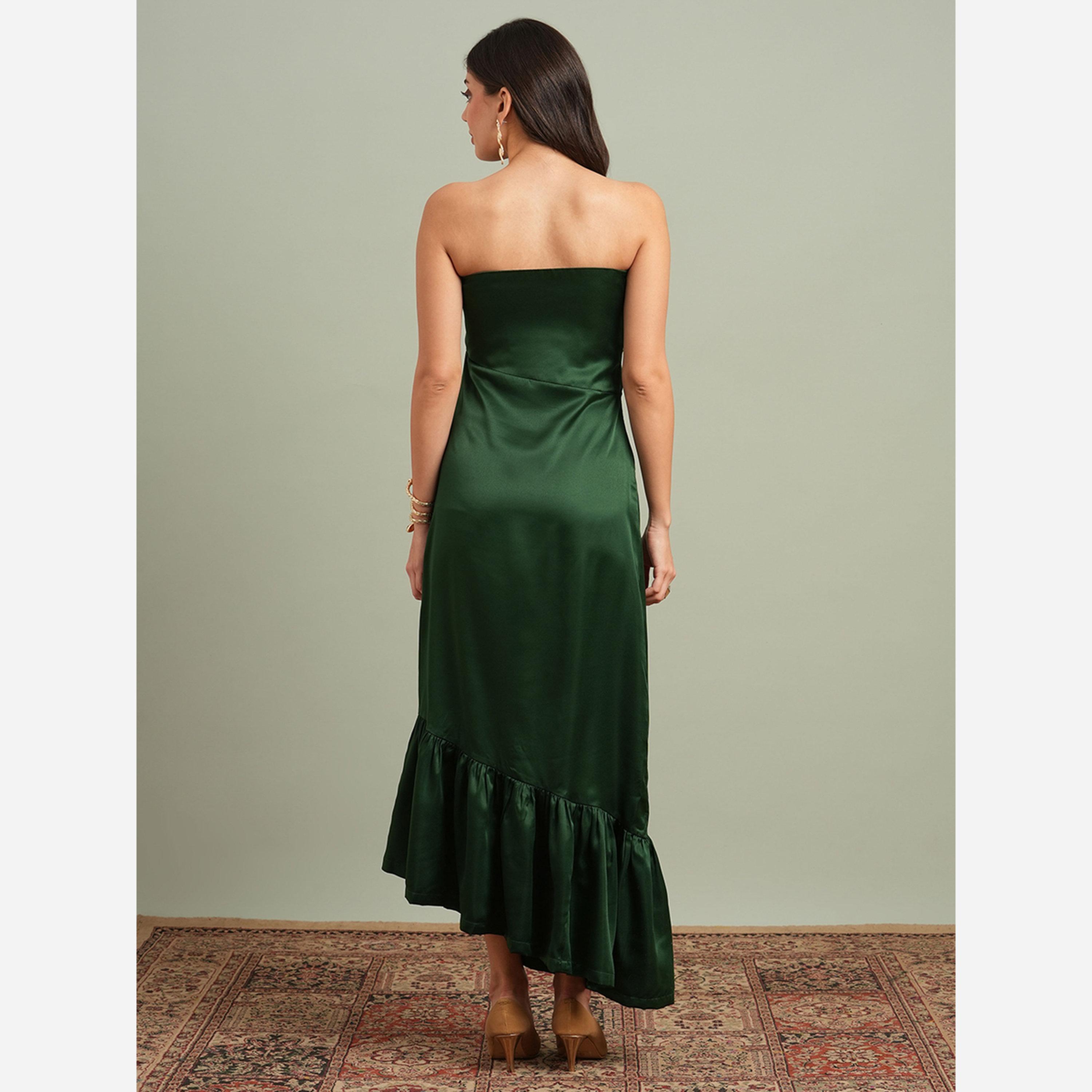 غلوبوص × ستايلي - فستان متوسط الطول لون أخضر ياقة باندو وحافة مكشكشة-women-clothing-dresses-image-3