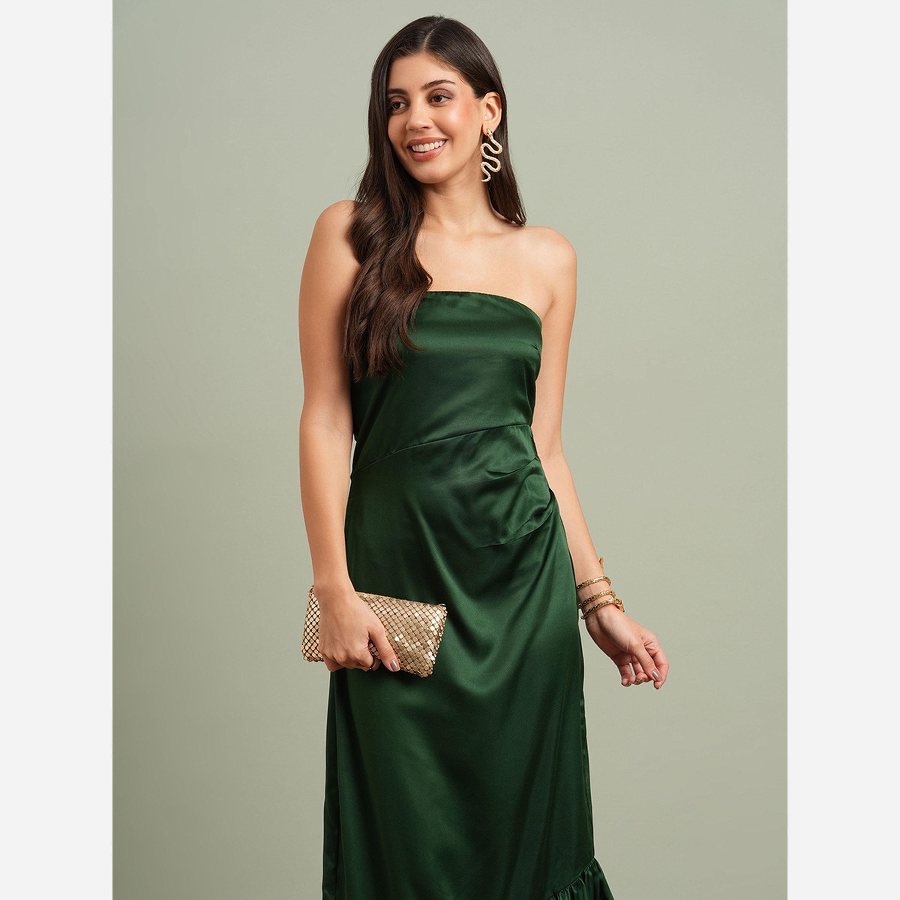 غلوبوص × ستايلي - فستان متوسط الطول لون أخضر ياقة باندو وحافة مكشكشة-women-clothing-dresses-image-5