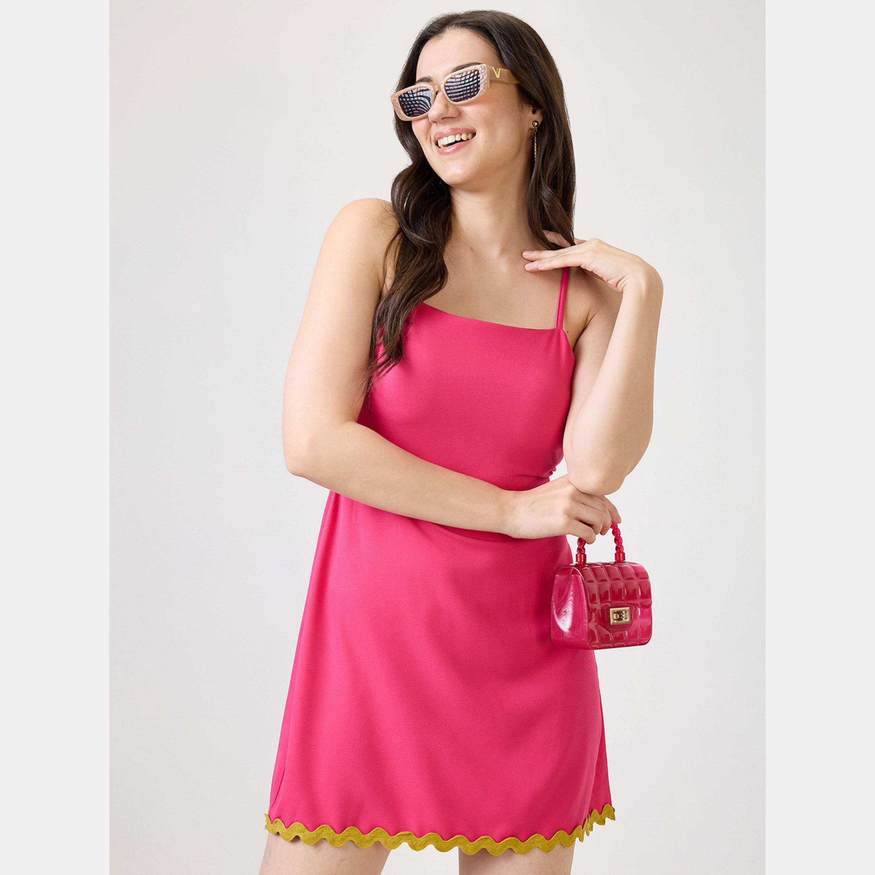 Globus X Styli Pink Solid Strappy Tie Back Detail Women's A-line Mini Dress-women-clothing-dresses-image-1