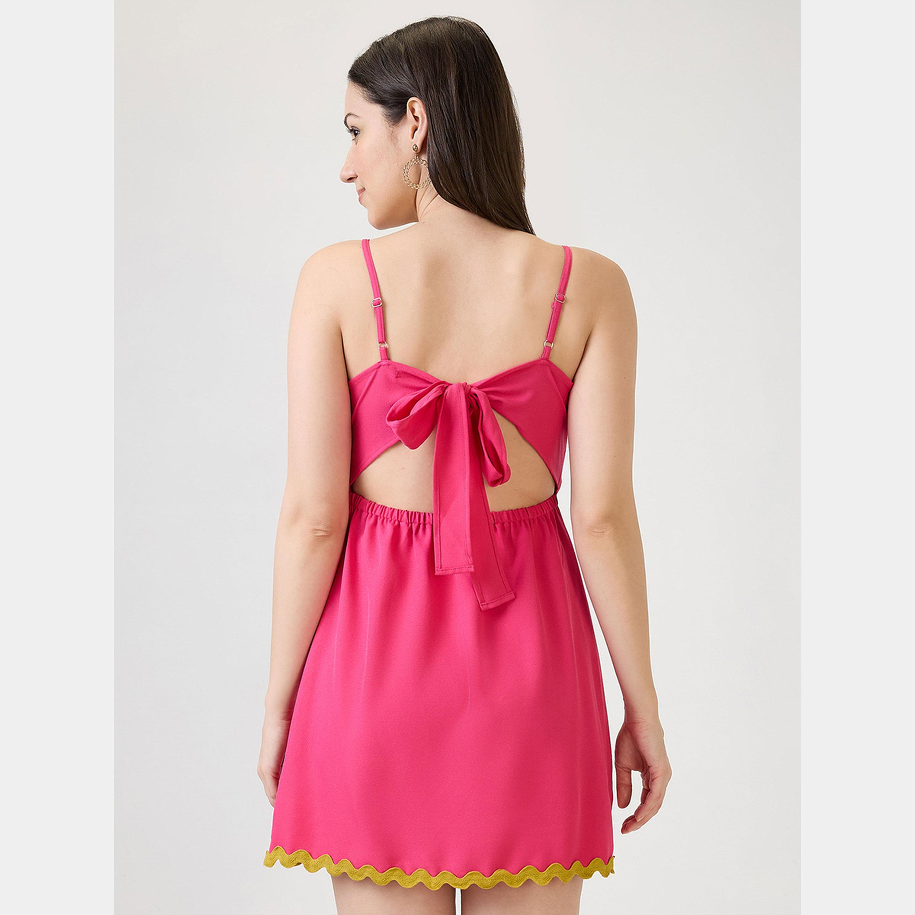Globus X Styli Pink Solid Strappy Tie Back Detail Women's A-line Mini Dress-women-clothing-dresses-image-3