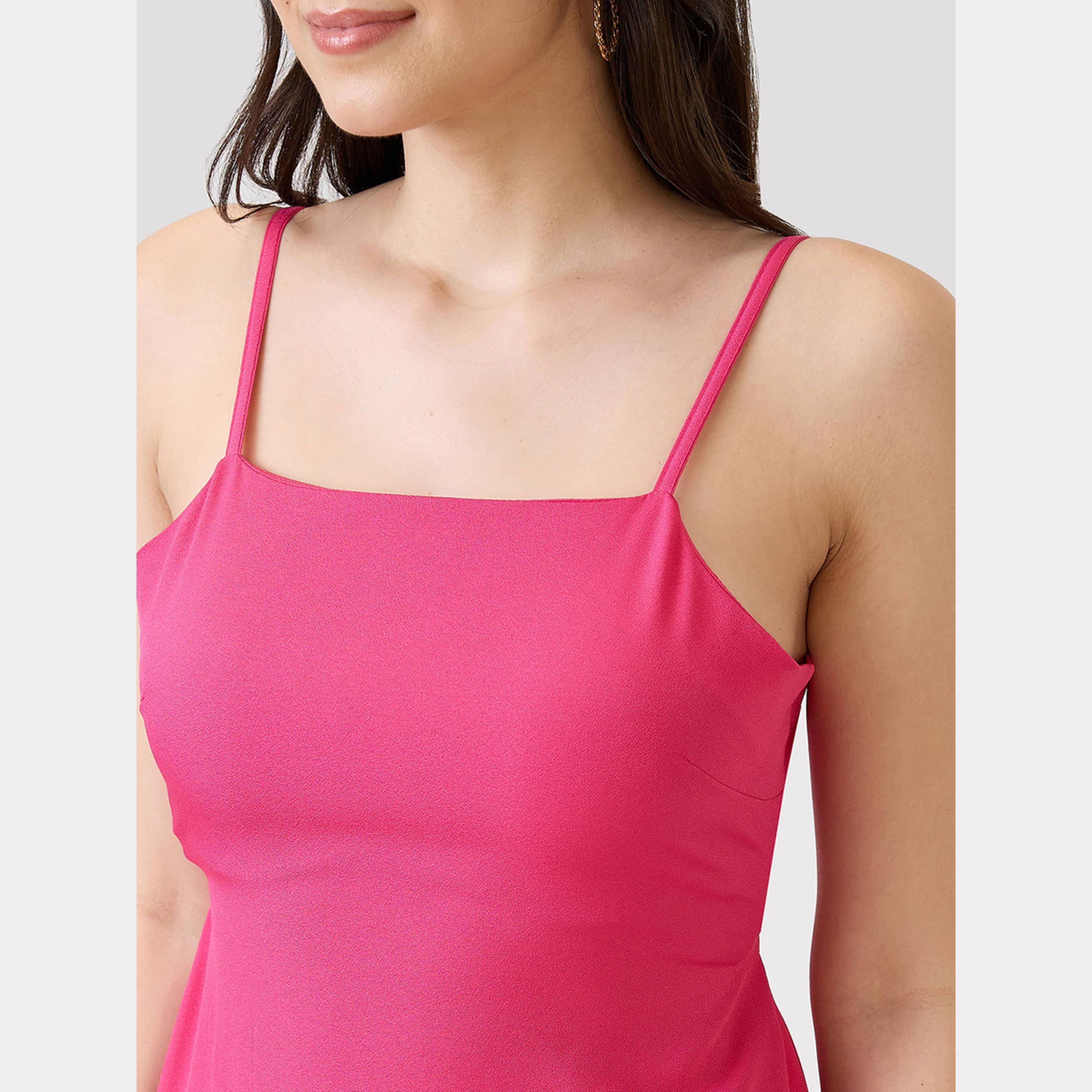 Globus X Styli Pink Solid Strappy Tie Back Detail Women's A-line Mini Dress-women-clothing-dresses-image-4
