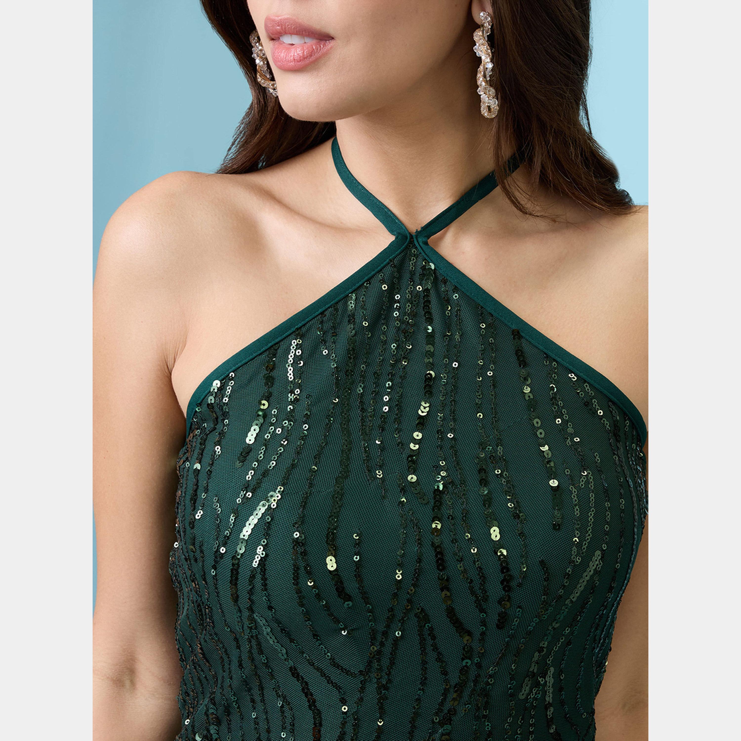 غلوبوص × ستايلي - فستان نسائي قصير ضيق بياقة دائرية ومزين بالترتر لون أخضر-women-clothing-dresses-image-4