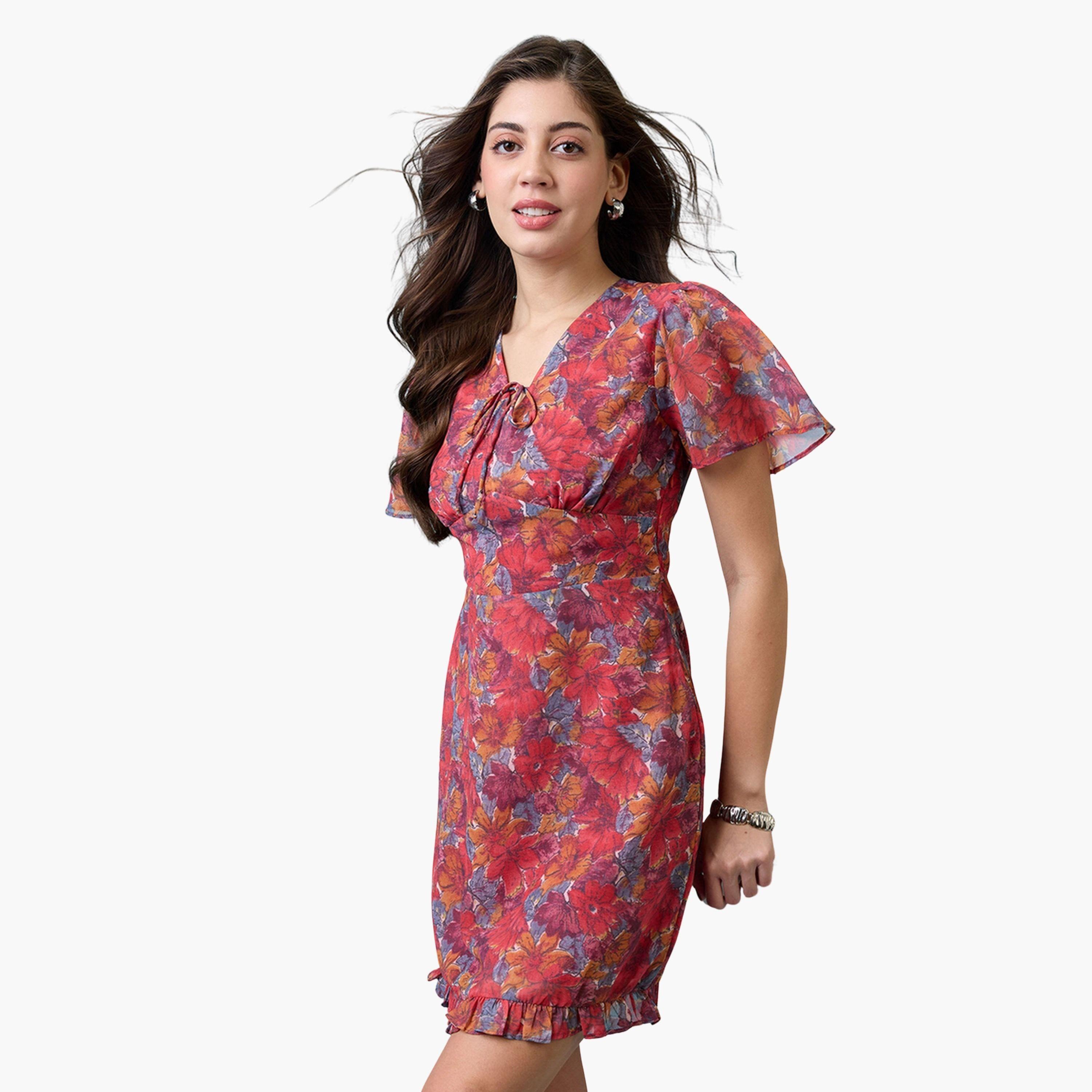 Globus X Styli Pink Floral Printed V-Neck Short Sleeves Women's Frilled Hem Mini Dress-women-clothing-dresses-image-1