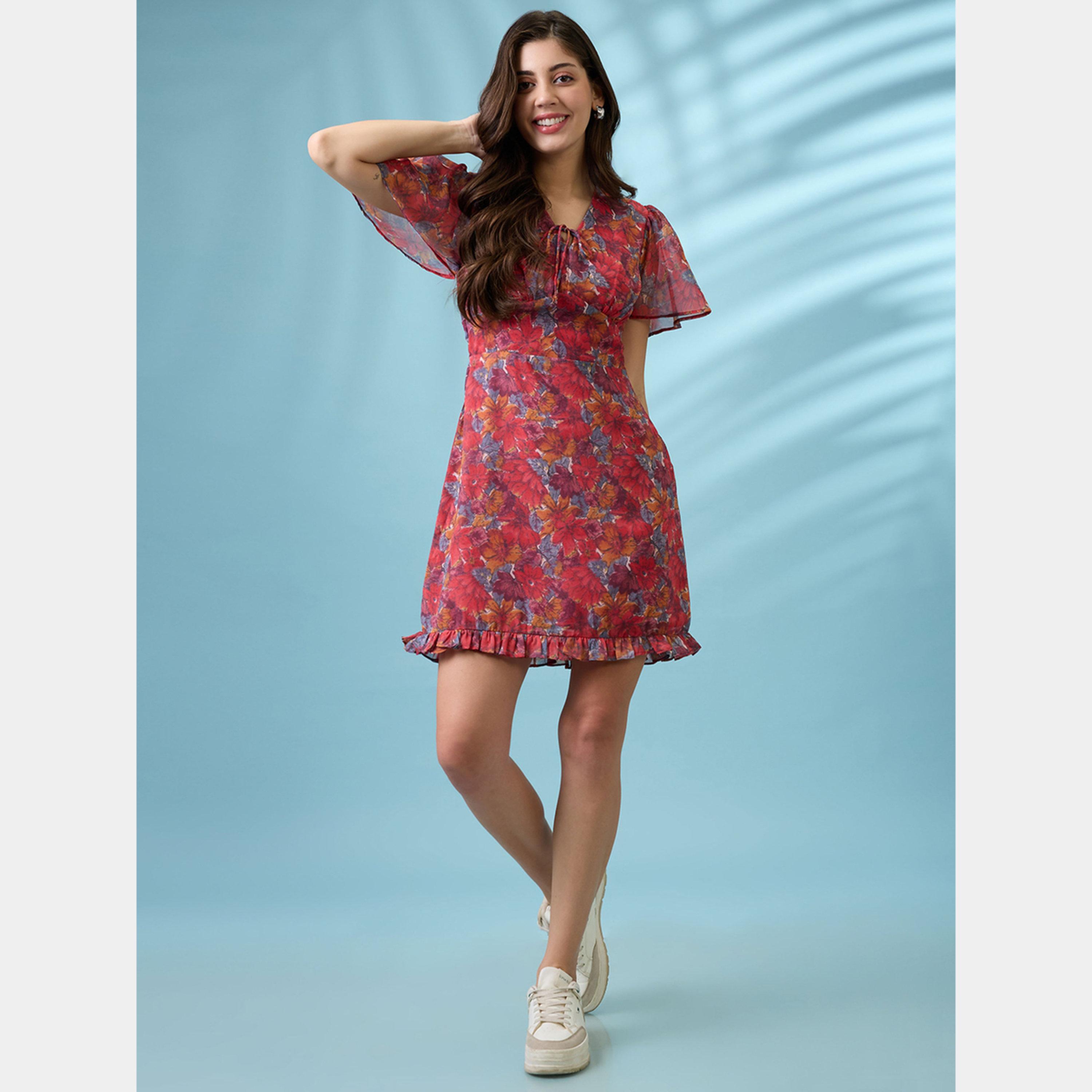 Globus X Styli Pink Floral Printed V-Neck Short Sleeves Women's Frilled Hem Mini Dress-women-clothing-dresses-image-2
