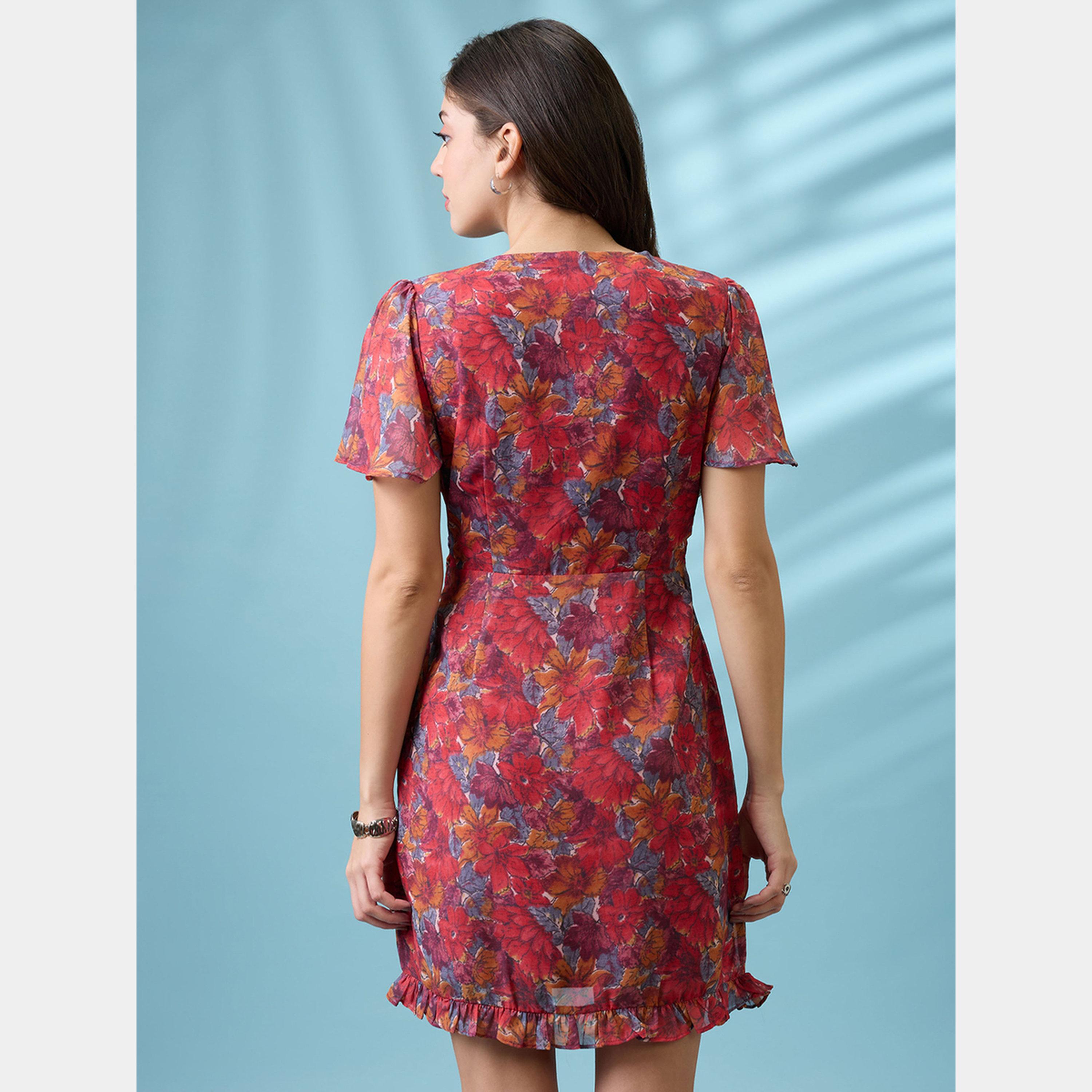 Globus X Styli Pink Floral Printed V-Neck Short Sleeves Women's Frilled Hem Mini Dress-women-clothing-dresses-image-3