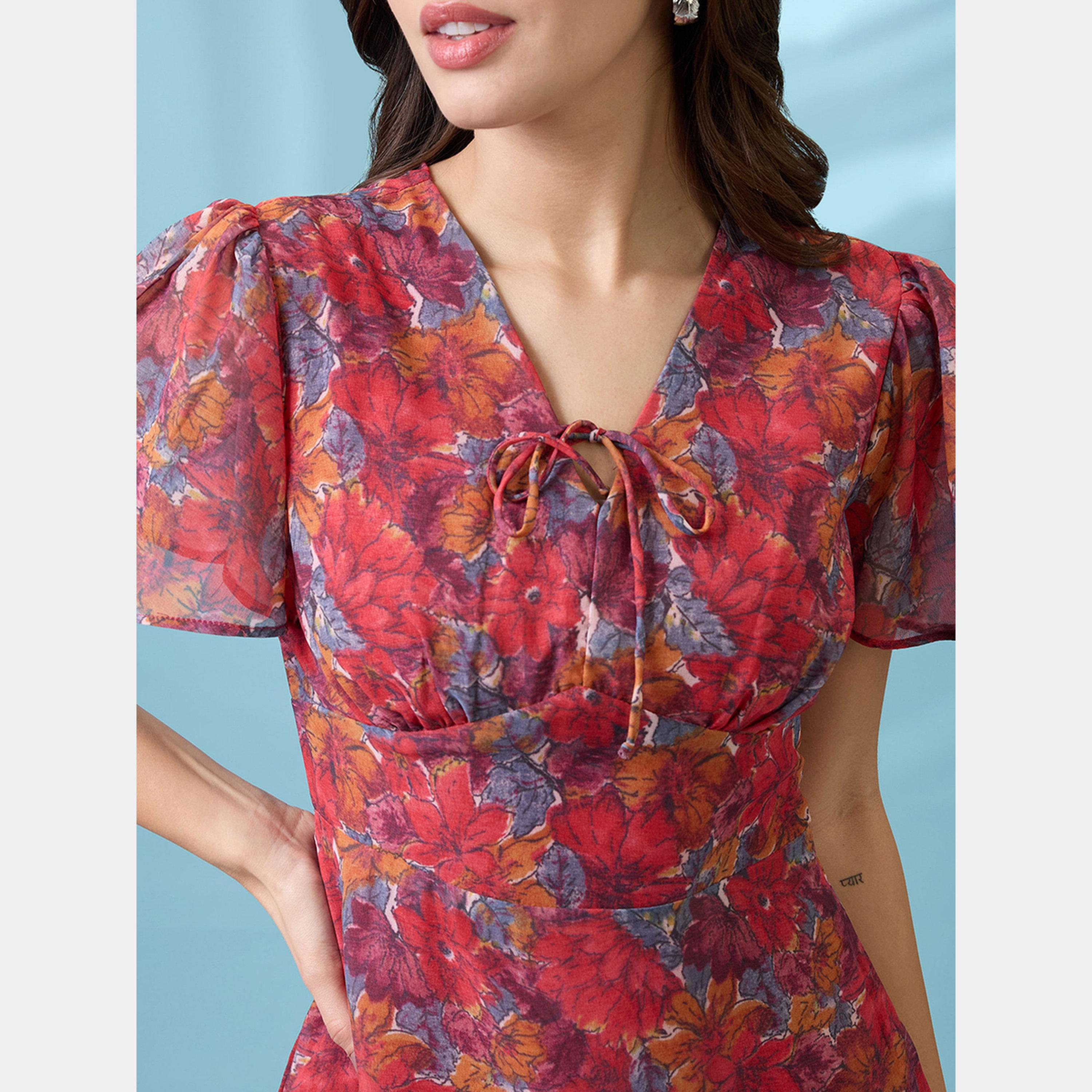 Globus X Styli Pink Floral Printed V-Neck Short Sleeves Women's Frilled Hem Mini Dress-women-clothing-dresses-image-4
