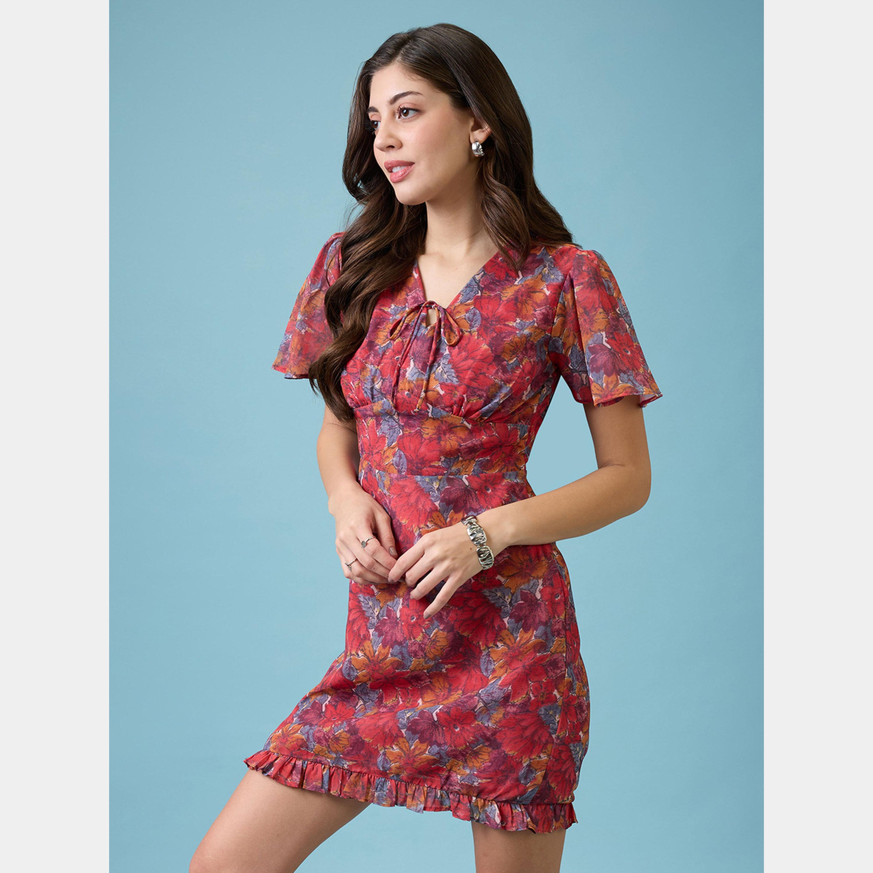 Globus X Styli Pink Floral Printed V-Neck Short Sleeves Women's Frilled Hem Mini Dress-women-clothing-dresses-image-5