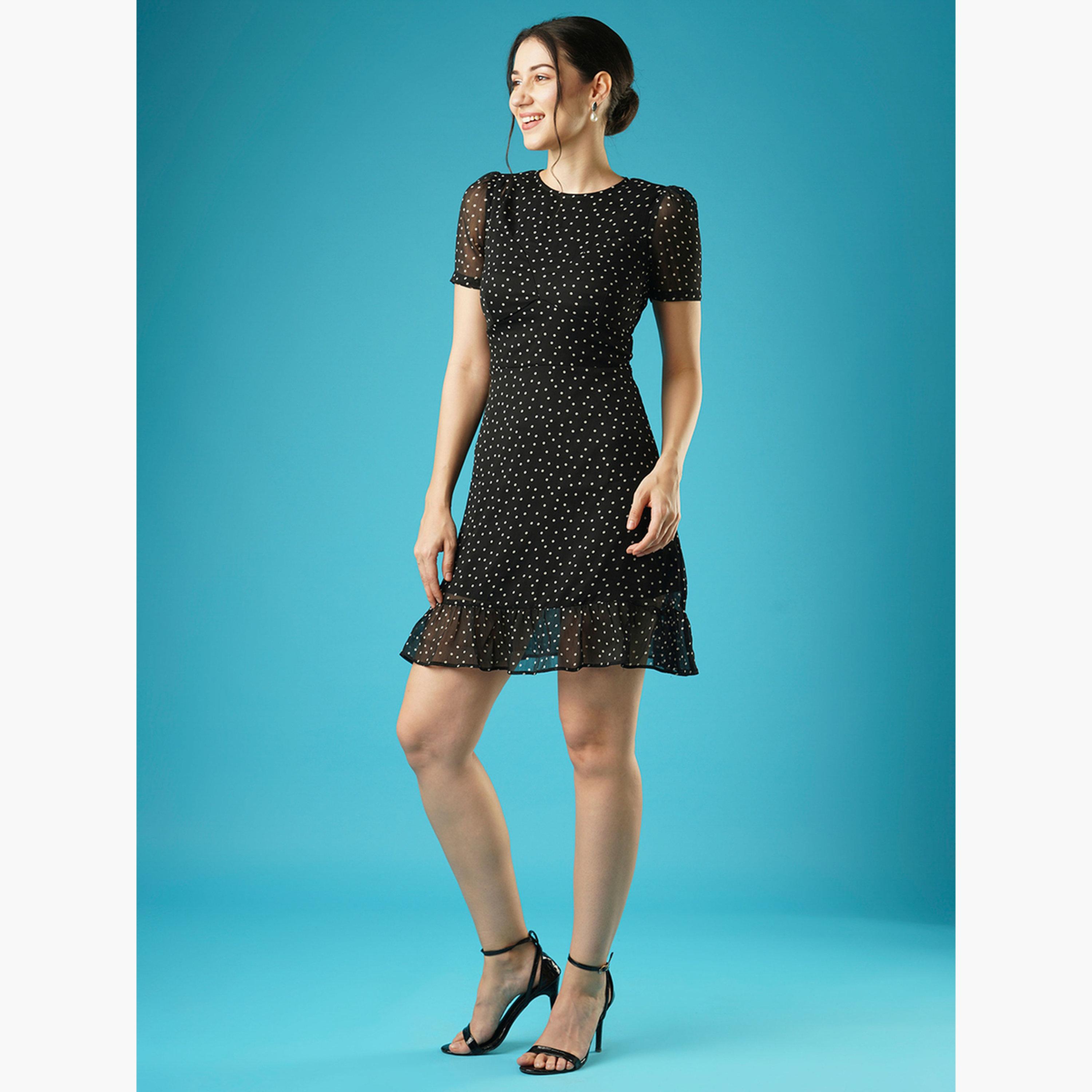 غلوبوص × ستايلي - فستان قصير أسود بطبعة نقاط بولكا وياقة مستديرة-women-clothing-dresses-image-2