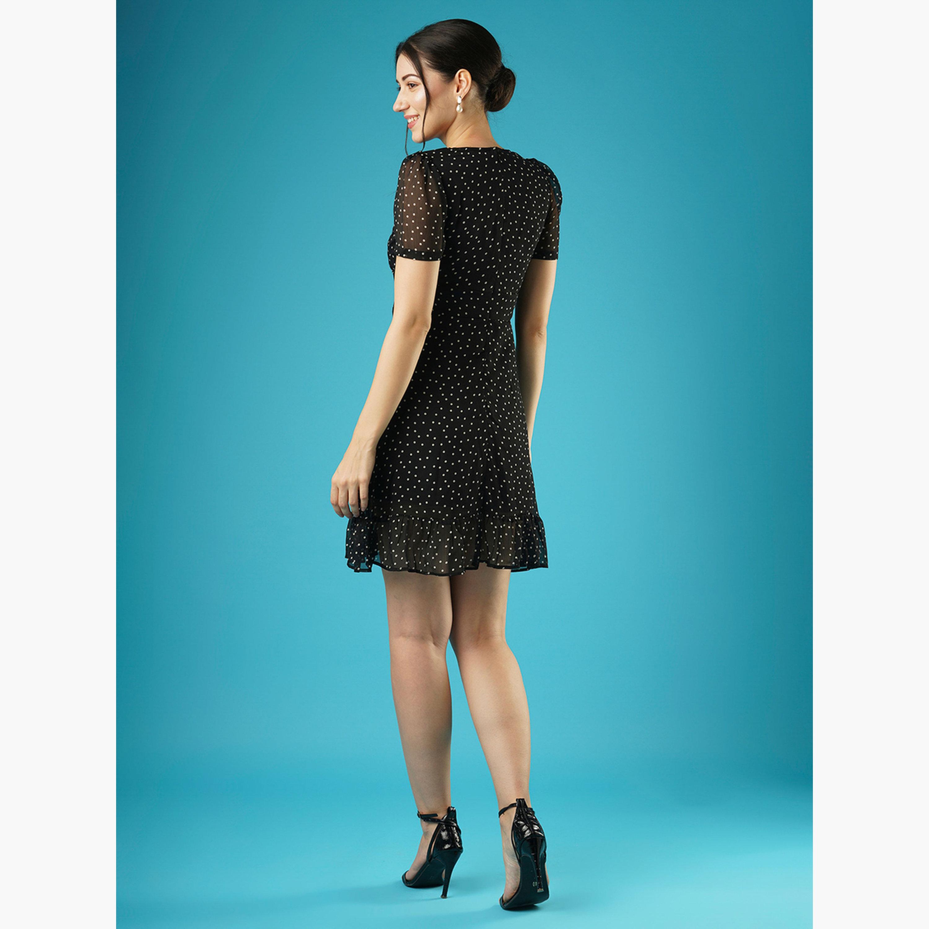 غلوبوص × ستايلي - فستان قصير أسود بطبعة نقاط بولكا وياقة مستديرة-women-clothing-dresses-image-3