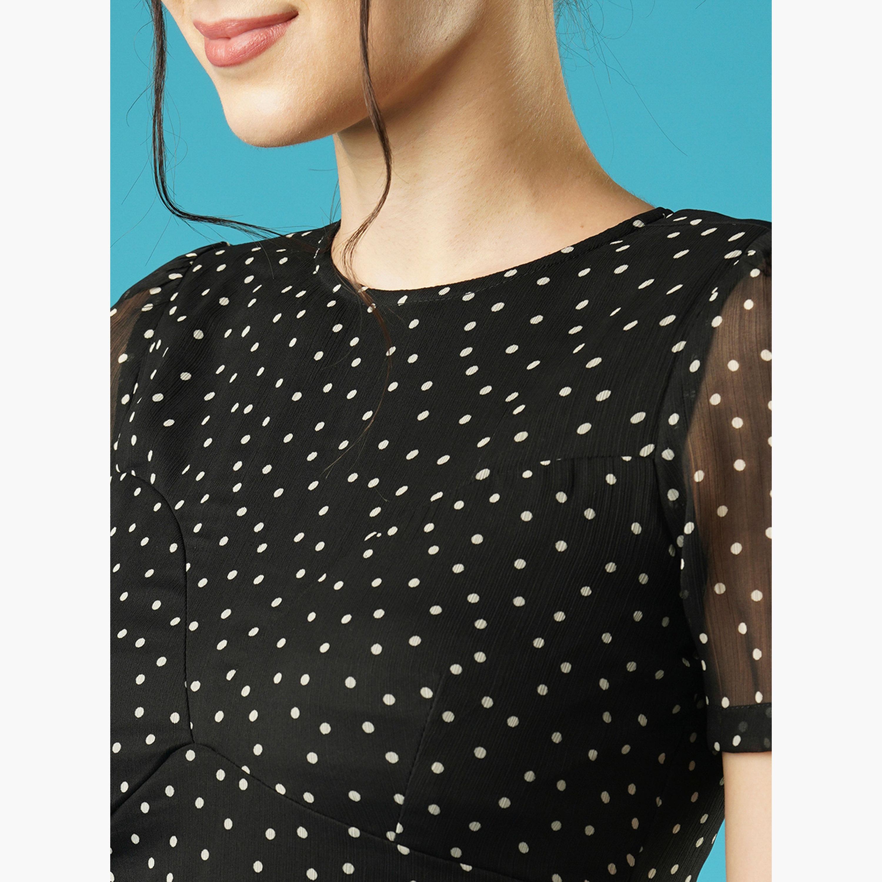 Globus X Styli Black Polka Dots Print Round Neck Mini Dress-women-clothing-dresses-image-4